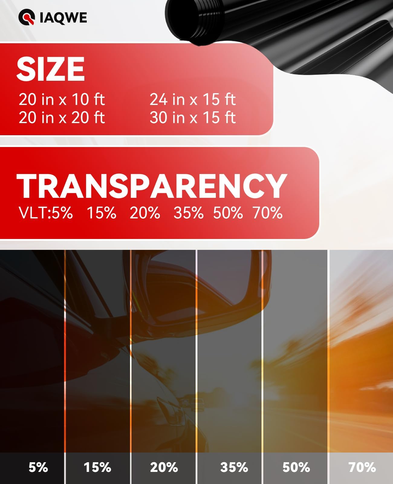 IAQWE Ceramic Car Window Tint with 20% Percent VLT 24'' in x 100'Ft Privacy Window Tint for Car Blocks UV IR Rays, Heat & Glare
