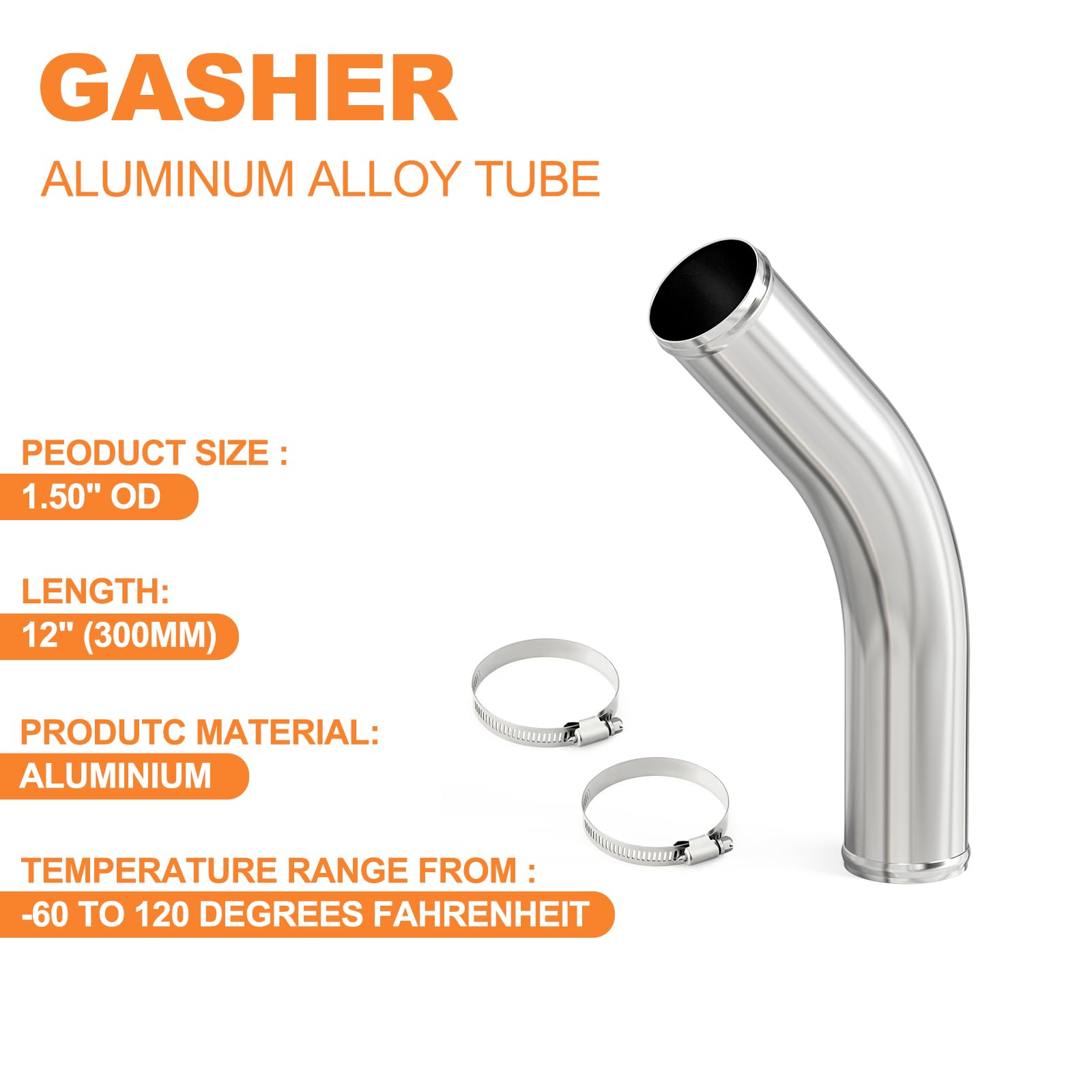 Gasher 1Pcs 45 Degree Elbow Aluminum Alloy Tube 1.5''Od, Leg Length 12'' (300Mm) With Bead Roll, Intercooler Pipe For Intake And