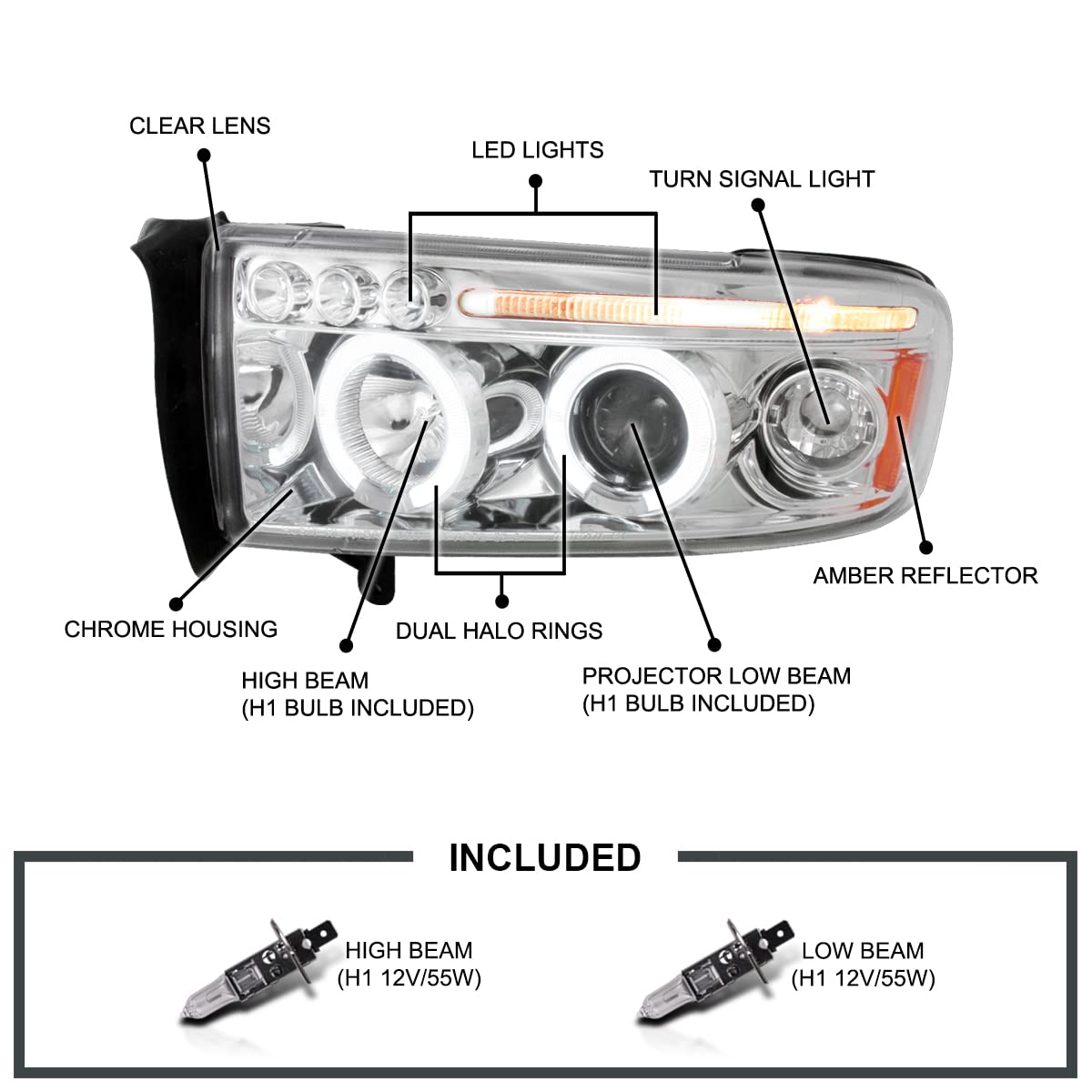 Spec-D Tuning Chrome Housing Clear Lens Projector Headlights Compatible with 1994-2001 Dodge Ram 1500/2500/3500, Left + Right Pa