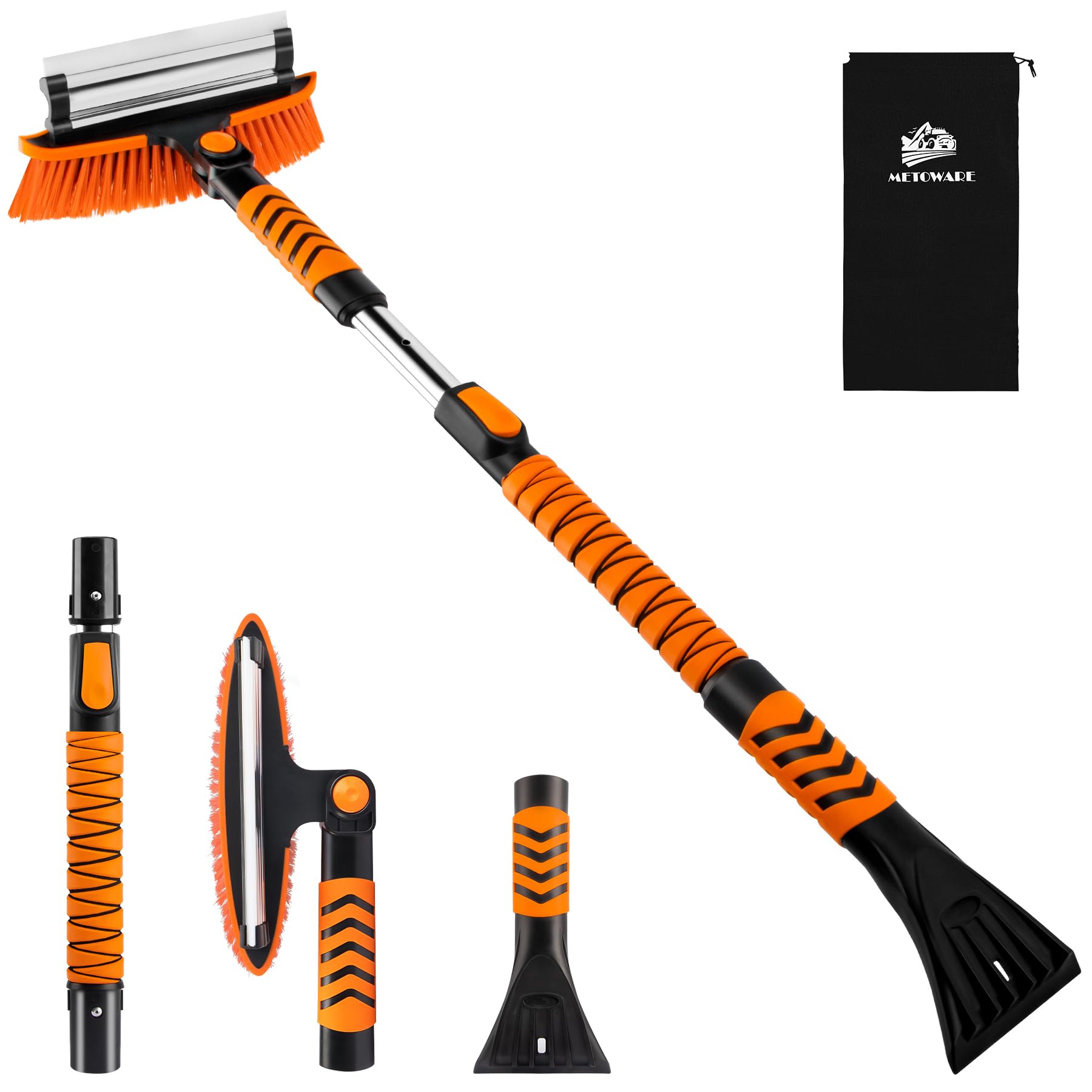 Metoware 42.2'' Snow Brush And Ice Scrapers For Car Windshield, Extendable Snow Brush For Car With Ergonomic Foam Grip And 360 P