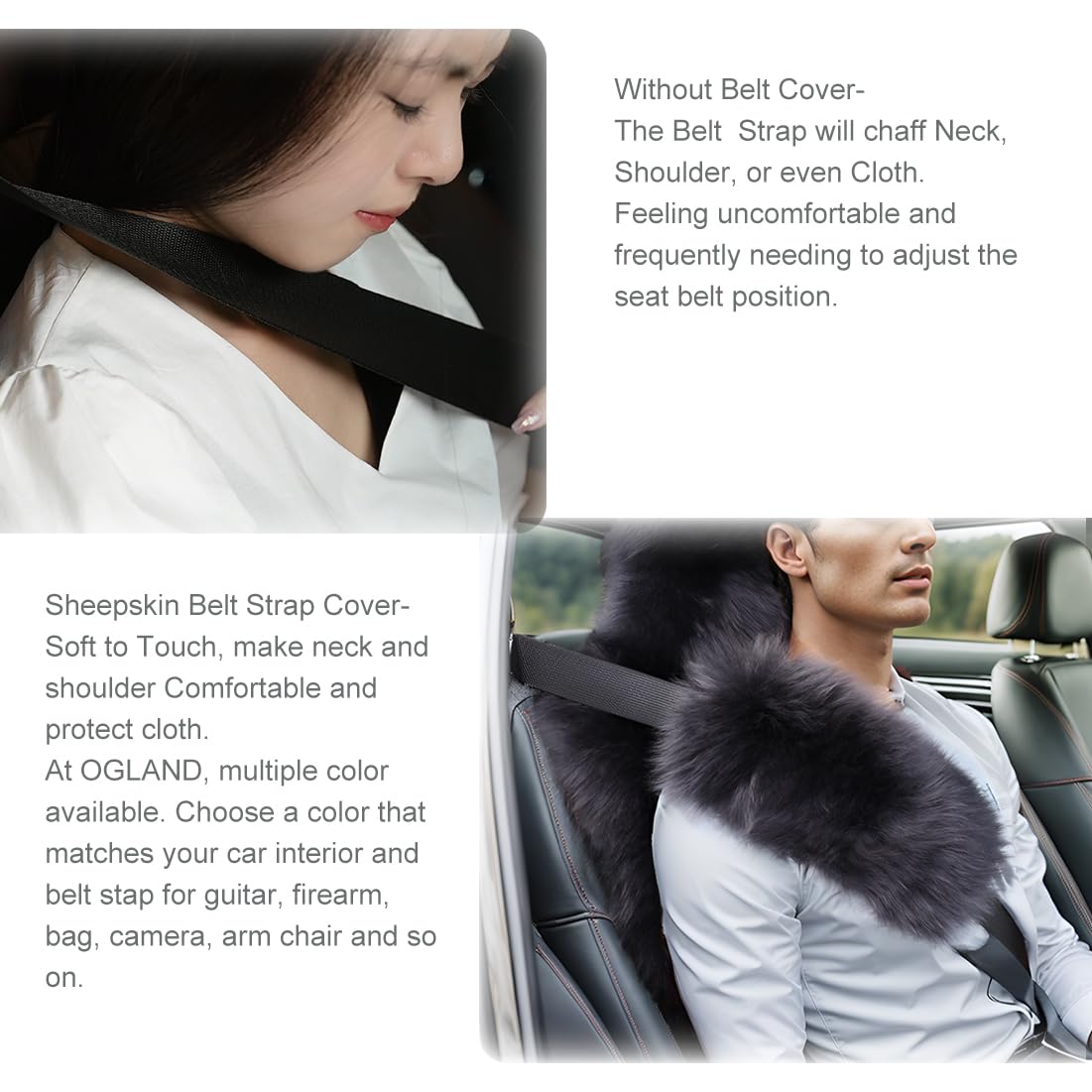 Long Wool Sheepskin Seat Belt Covers, Seatbelt Pads For Adults Kids Women Universal Car 2 Pack (White)