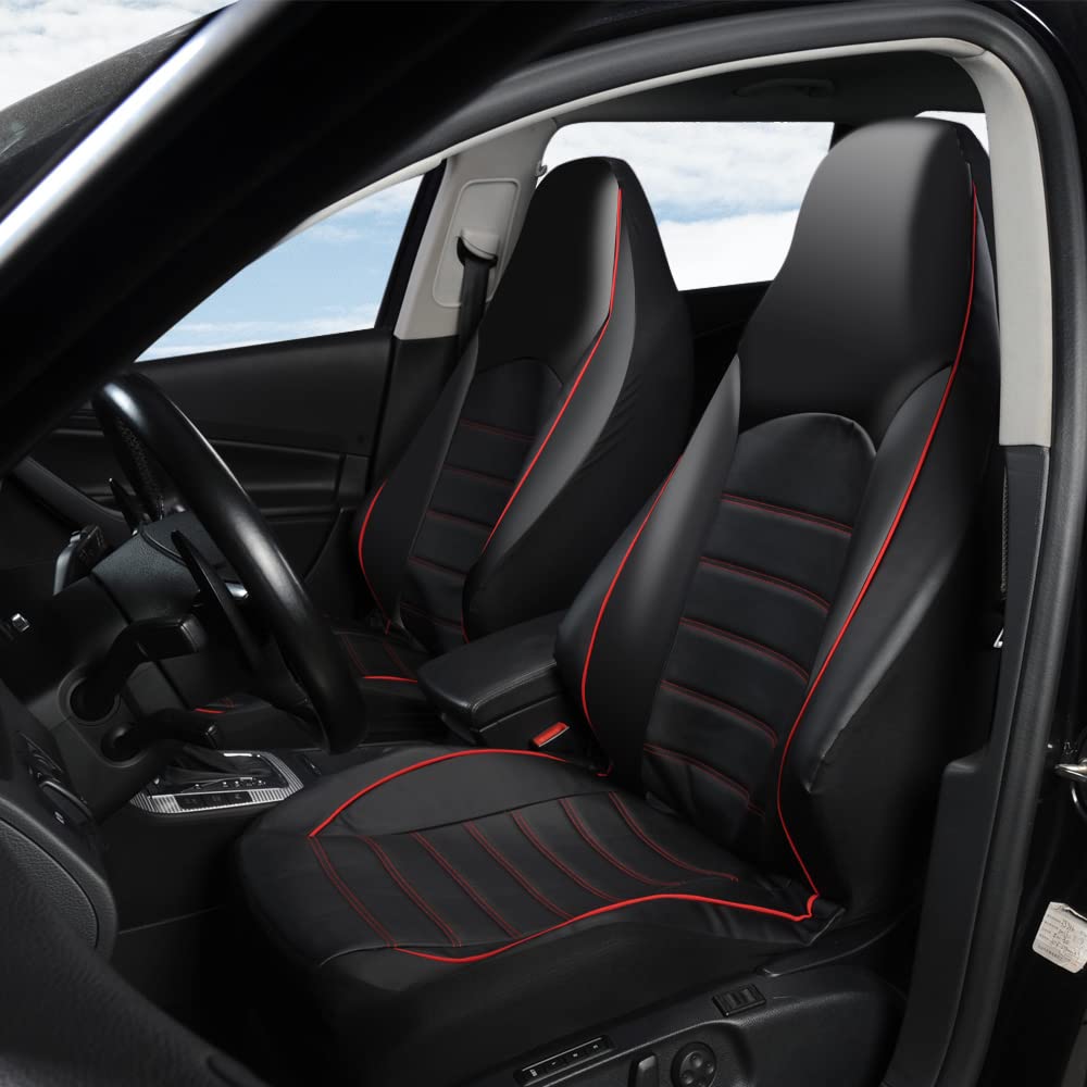 TOYOUN Classic PU Leather Car Seat Covers Full Set, Black-Red, Model TY7002RED, Fits Most Cars, Trucks, SUVs, Vans