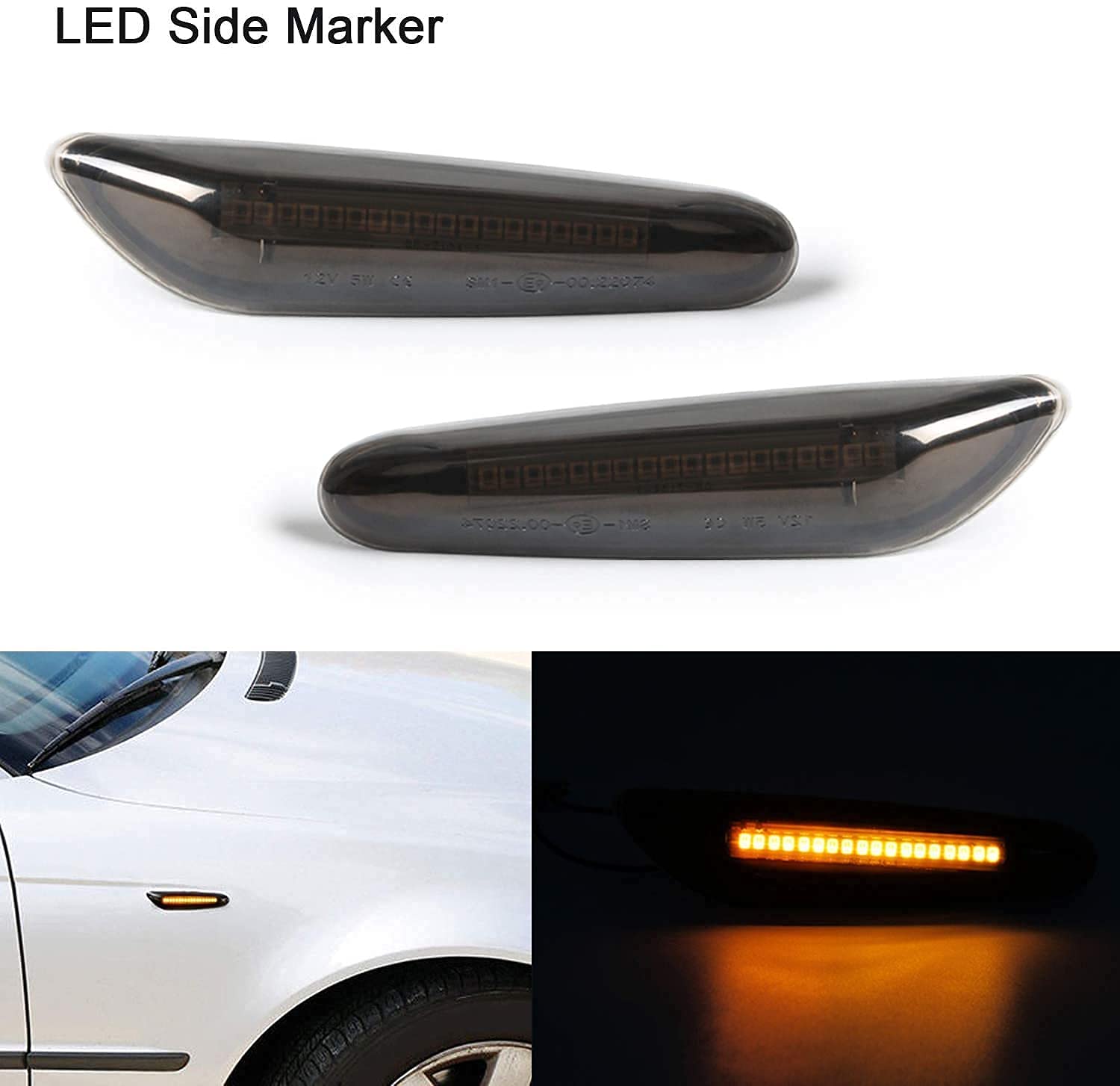 Gempro 2-Pack Amber Led Side Marker Turn Signal Lights Smoke Lens Blinker For Bmw E90 E91 E92 E93 E46 E53 E60 E61 X3 E83 X1 E84