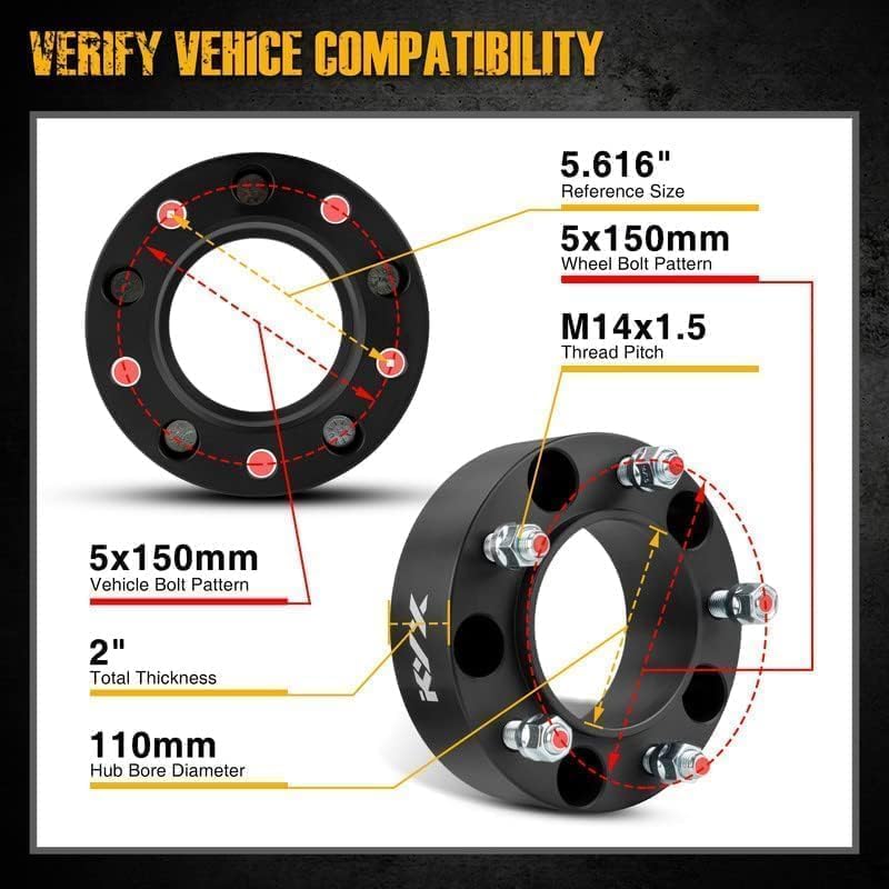 KAX 5x150 Hub Centric Wheel Spacers - 2 Inch, 5 Lug, M14x1.5 Studs, 110mm Bore, Black, 4pcs