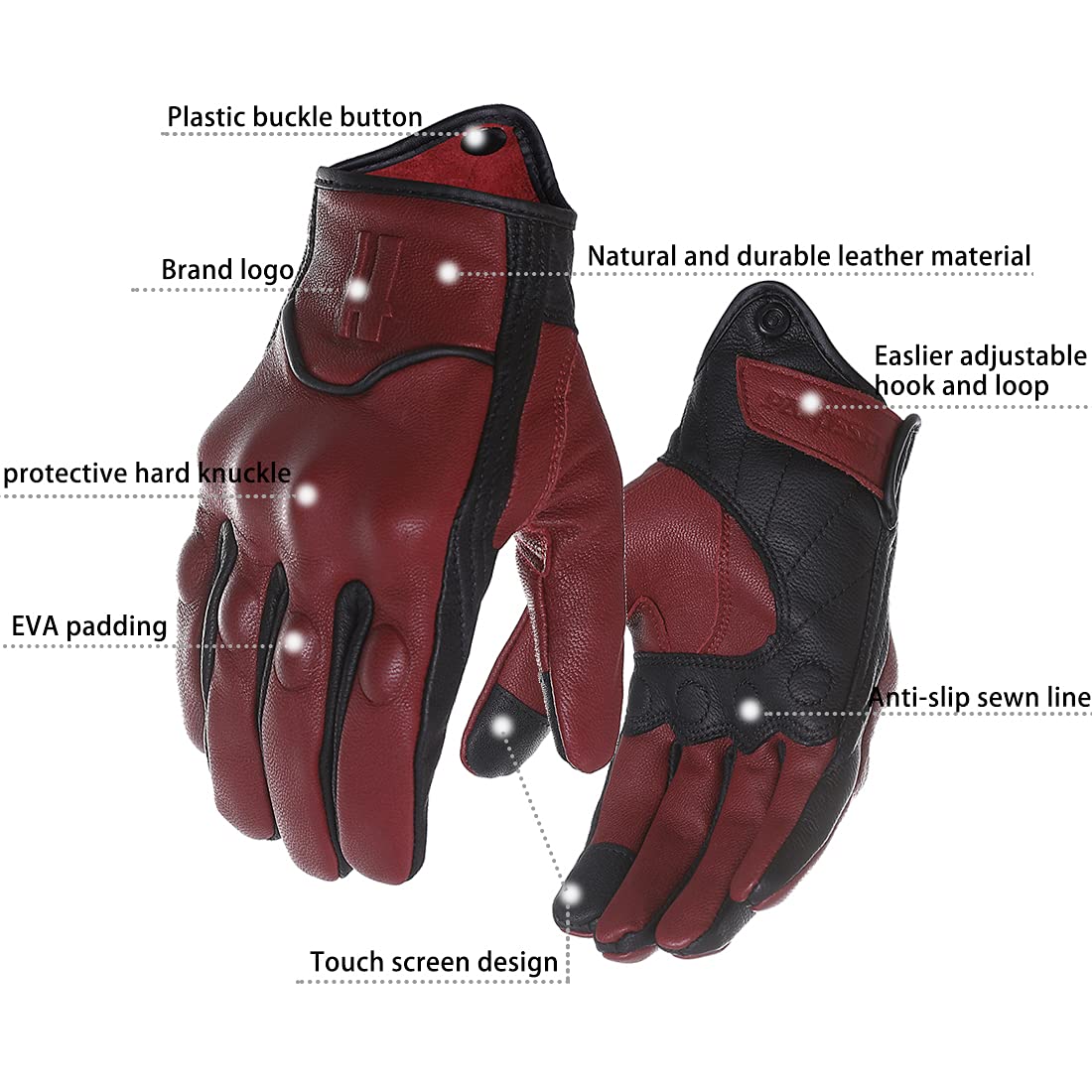 Harssidanzar Motorcycle Gloves - Leather Touch Screen Riding Gloves, Size L, Oxblood/Black, Model GM028US