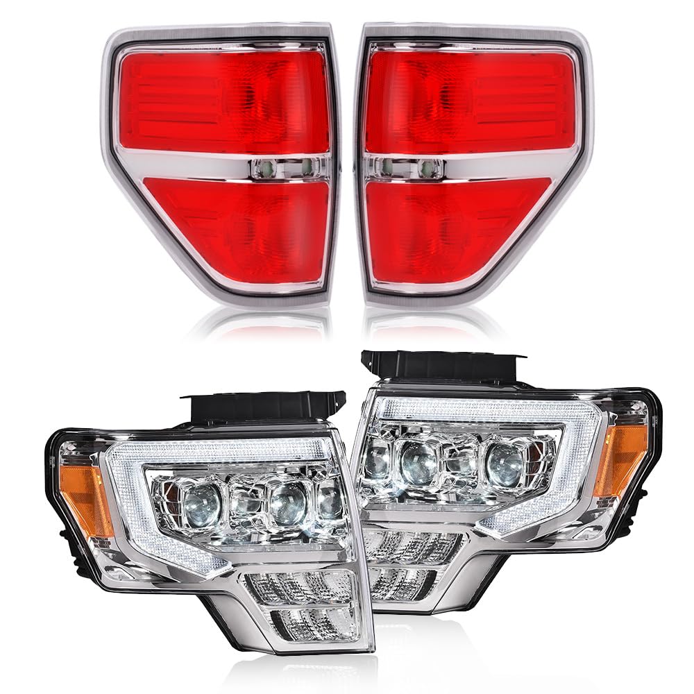 GRAND ORANGE LED Tube Dual Headlights + Rear Clear Tail Lights Assembly Compatible with Ford F150 2009-2014 4PCS Clear Lens Chro
