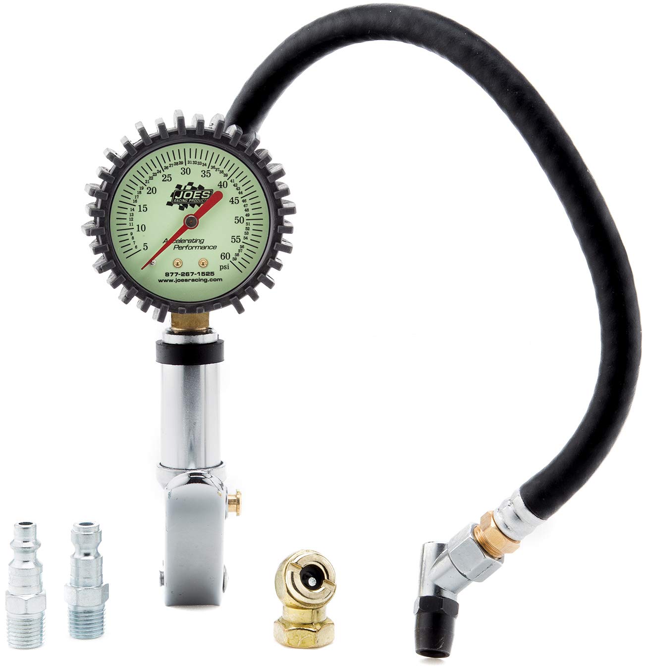 JOES RACING PRODUCTS 32484 Tire Inflator and Gauge, Quick Fill, 060 psi, Analog, Glow in The Dark, 21/2 in Diameter, White Fac