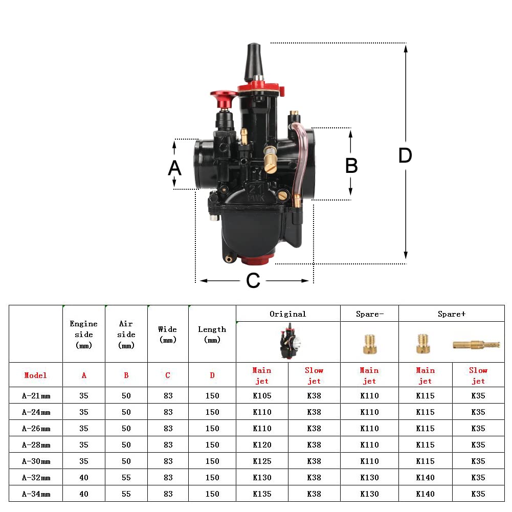 QXBER PWK Carburetor 30mm Kit for 100cc-160cc 2T/4T Dirt Bikes, ATVs, Scooters - Black