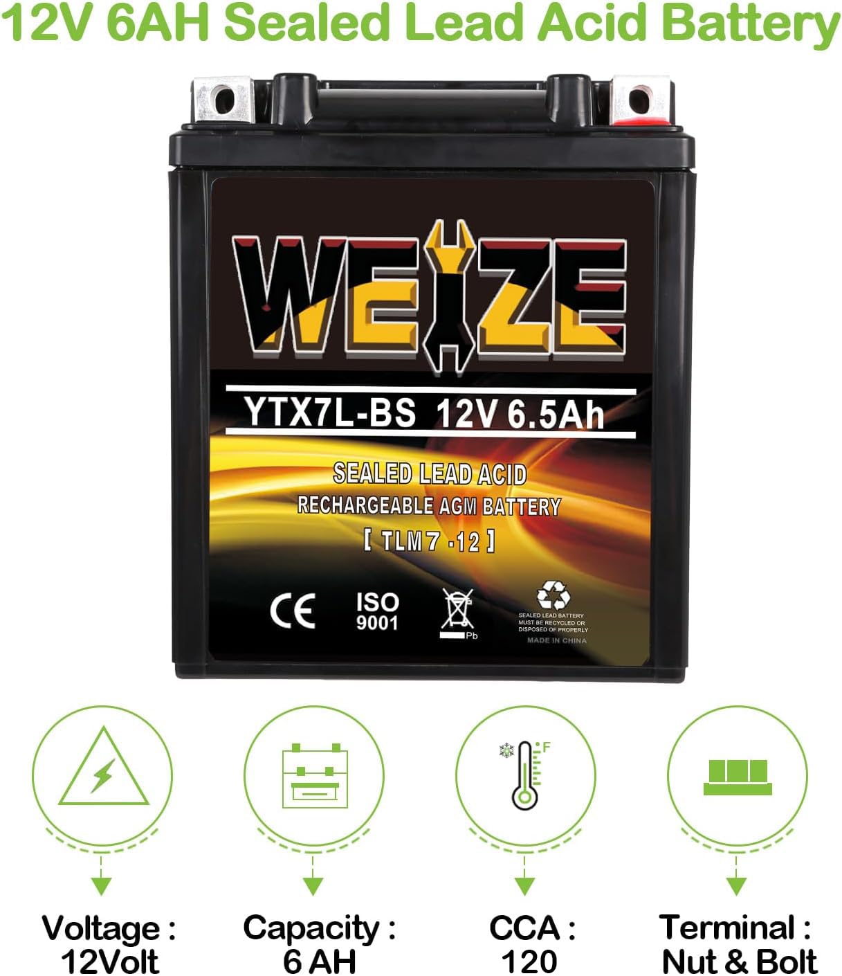 WEIZE YTX7L-BS ATV Battery - 120CCA Maintenance-Free Sealed AGM - 4.49x2.8x5.32 inches, Compatible with Honda Kawasaki Suzuki