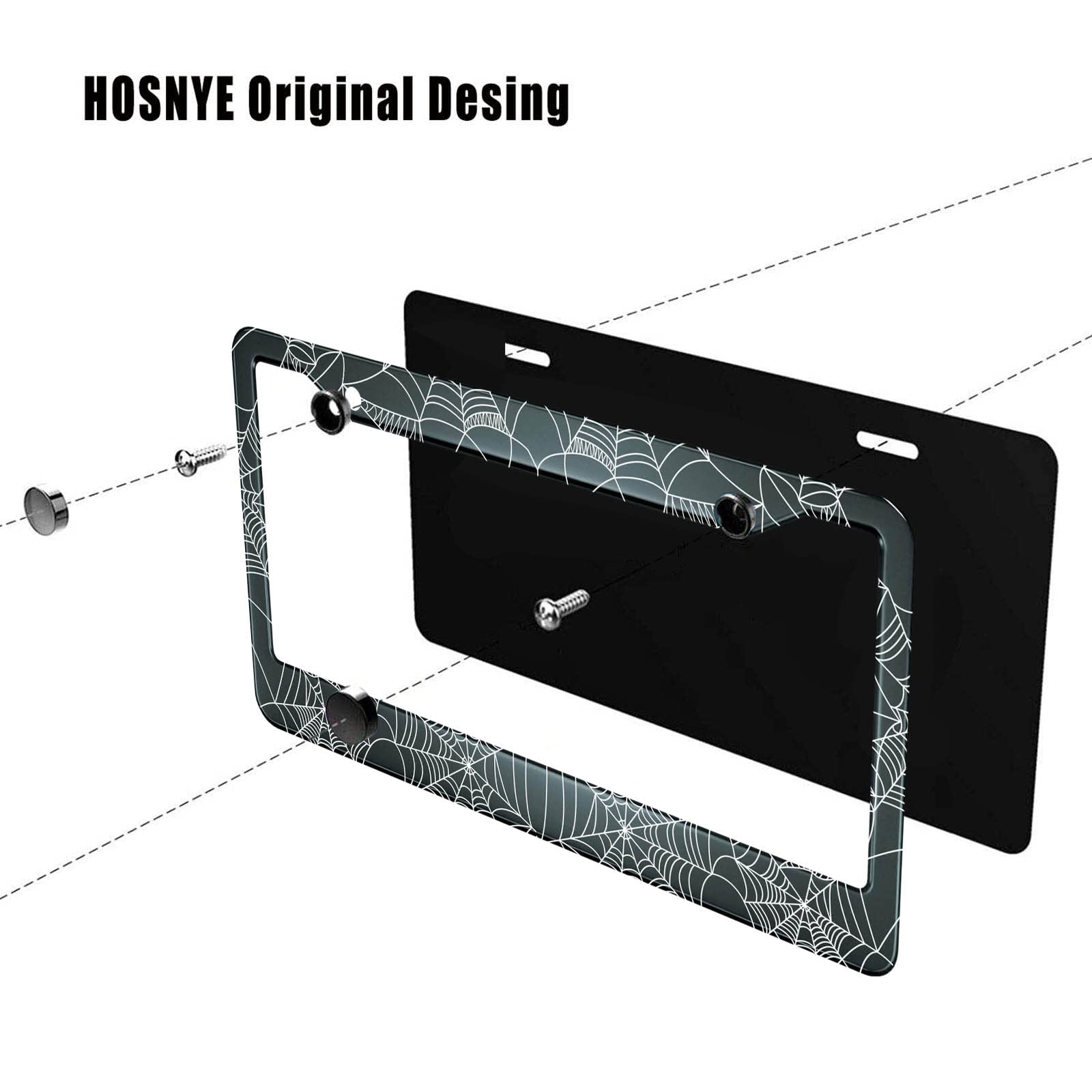 Hosnye Halloween Spider Web License Plate Frame Black And White Metal License Plate Cover Front Plates Frames Car Tag Frame For