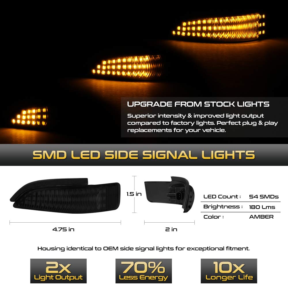 [Sequential Turn Signal] Vipmotoz Smoke Lens Full Led Amber Side Marker Light Lamp Assembly Replacement Pair For Toyota Corolla