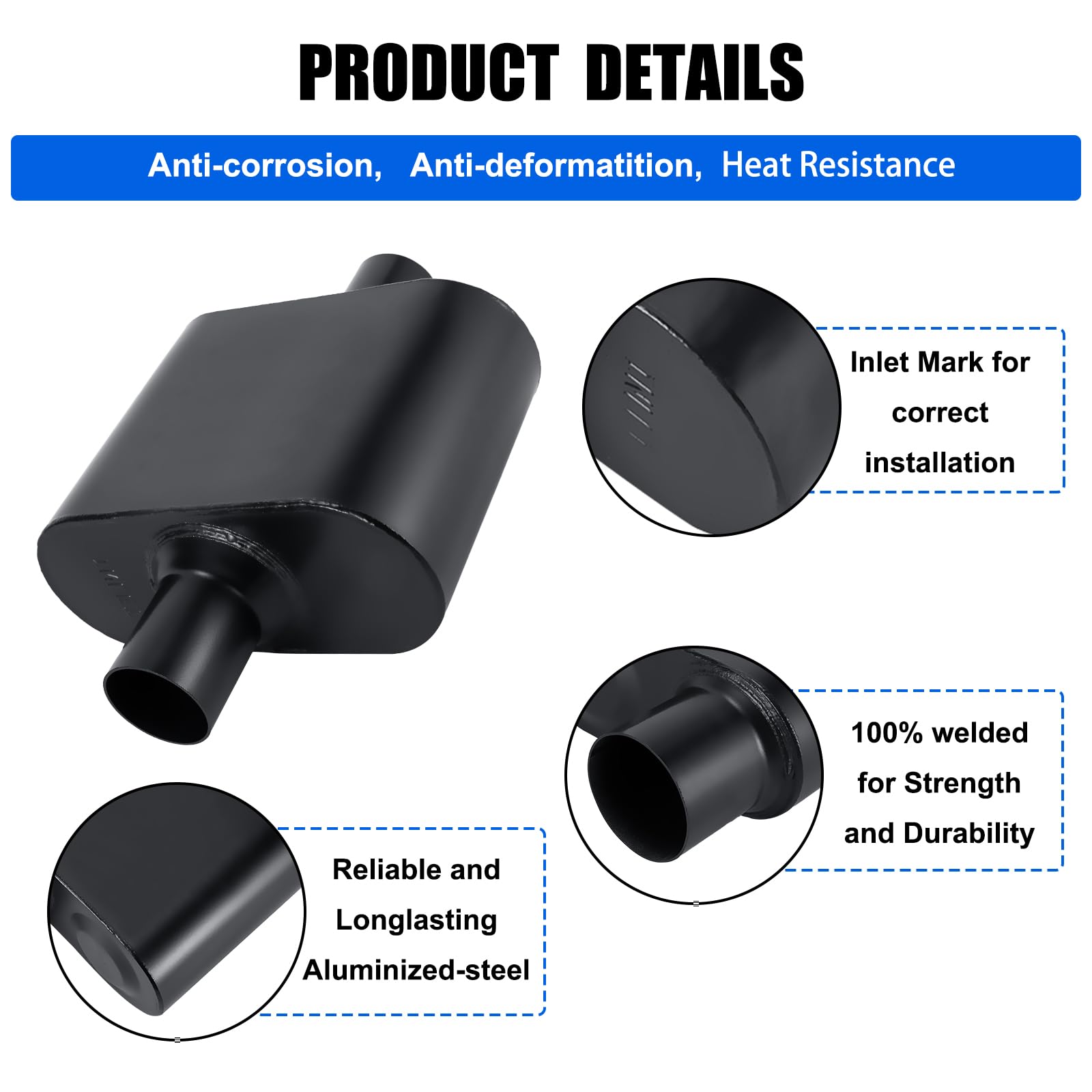 Floshine Universal Mufflers,Performance Automotive Exhaust Muffler,Single Chamber 2 Inch Inlet (Id) 2 Inch Outlet (Id) Black Fh4