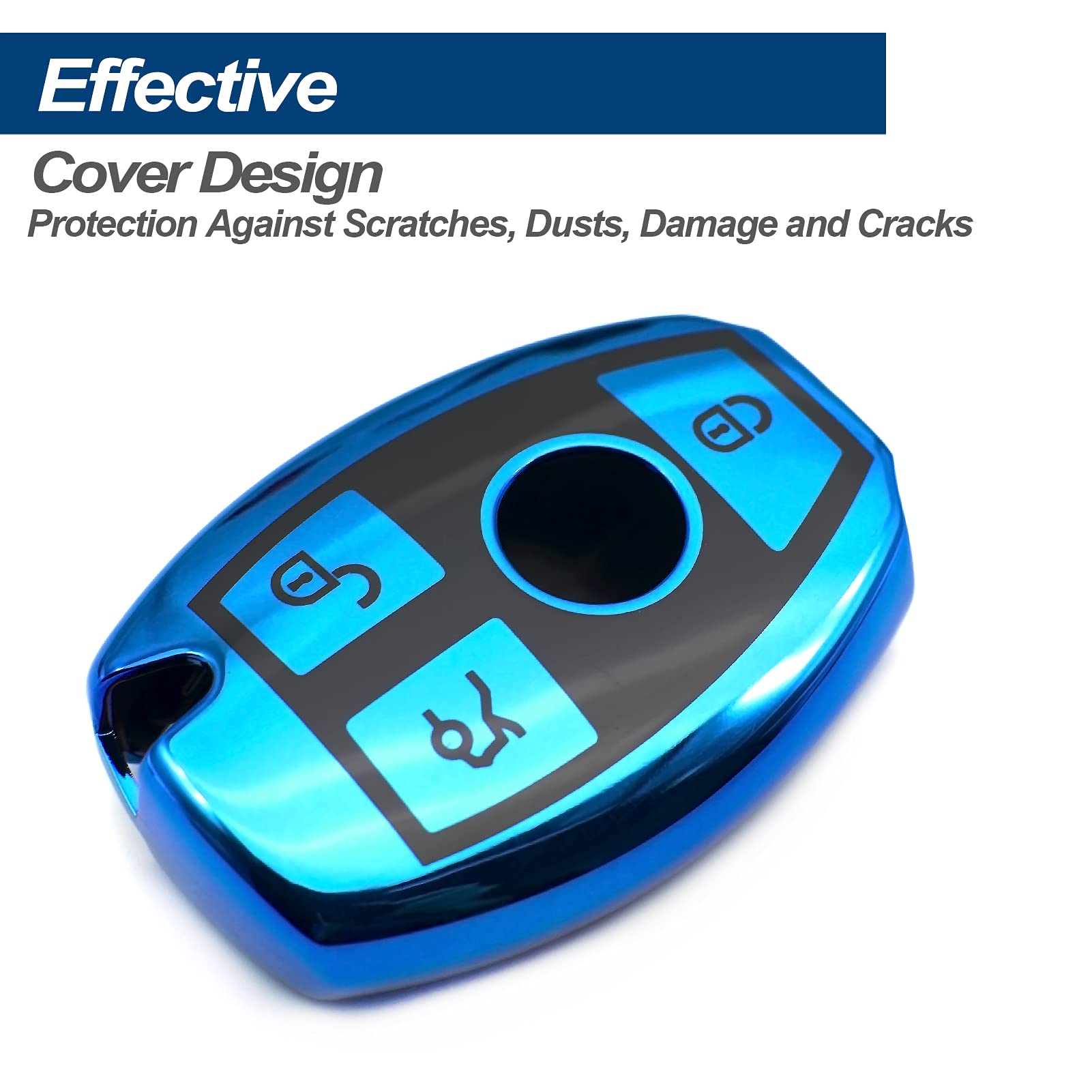 INFIPAR Key Fob Cover Case for Mercedes Benz - TPU, Universal Size, Blue, Model IP1422, with Key Chain