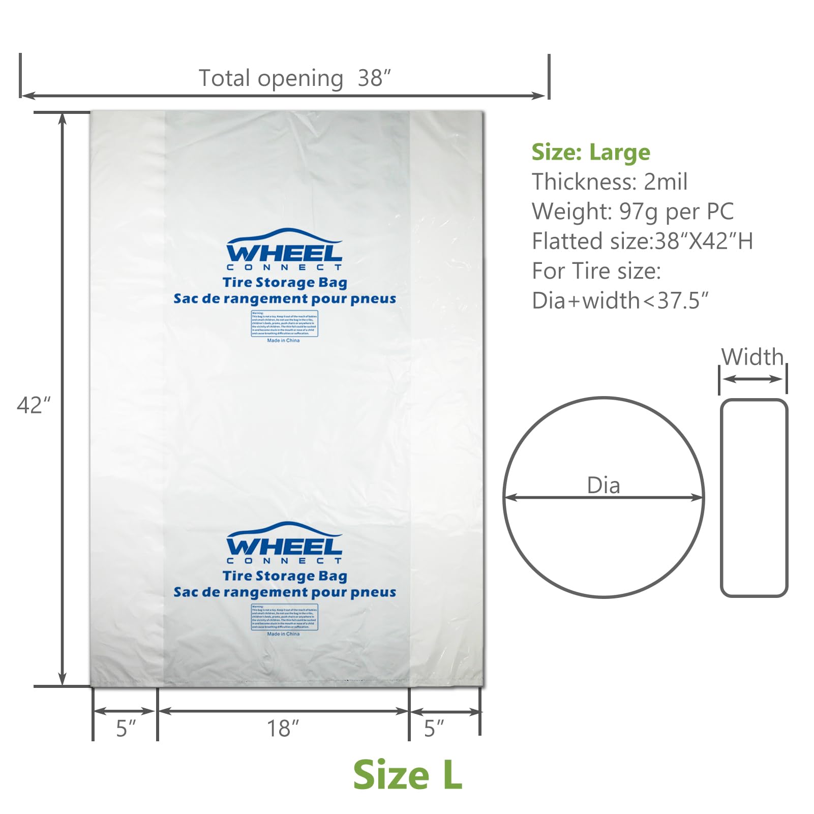 WHEEL CONNECT Tire Storage Bags, Large 38"x42"H, LDPE Plastic, White, Pack of 8