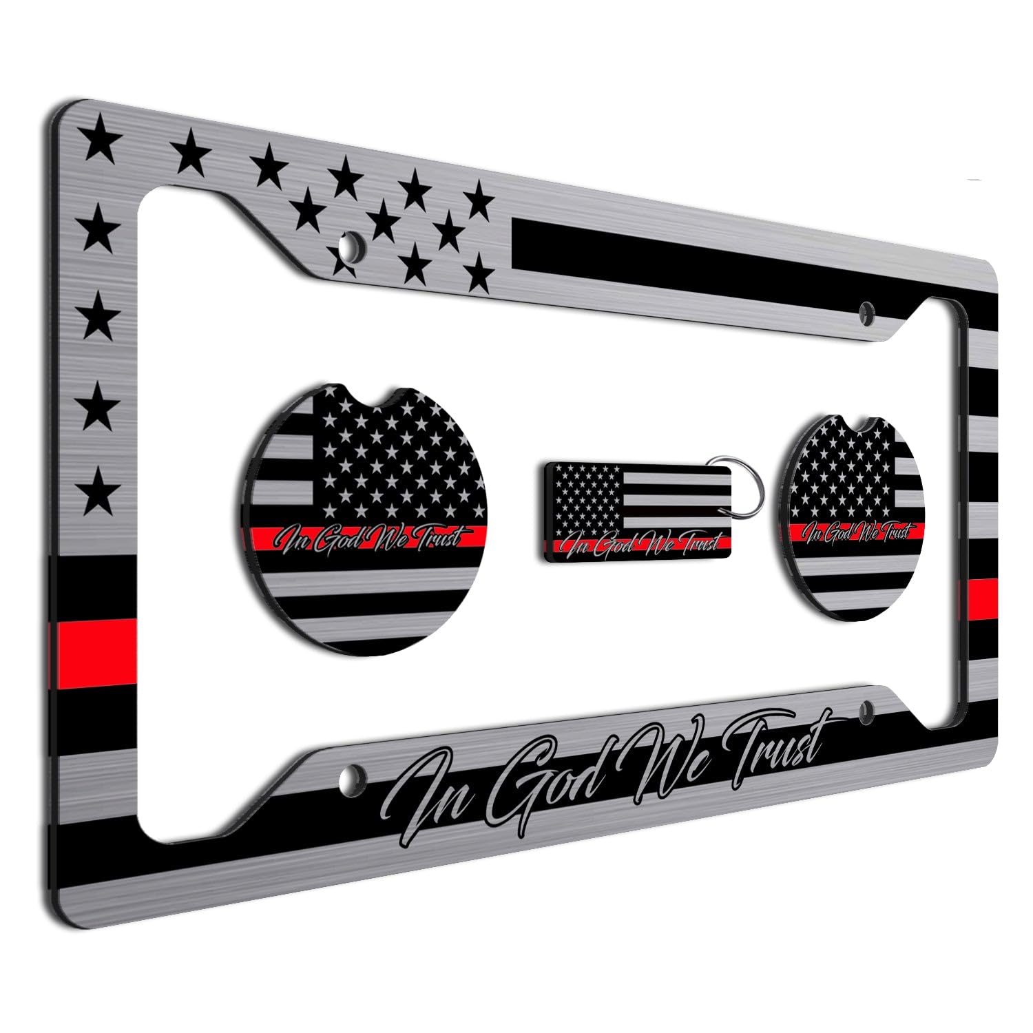American Flag In God We Trust License Plate Frame + Red Line Coasters + Keychain - Perfect For God And Country Lovers - Tactical