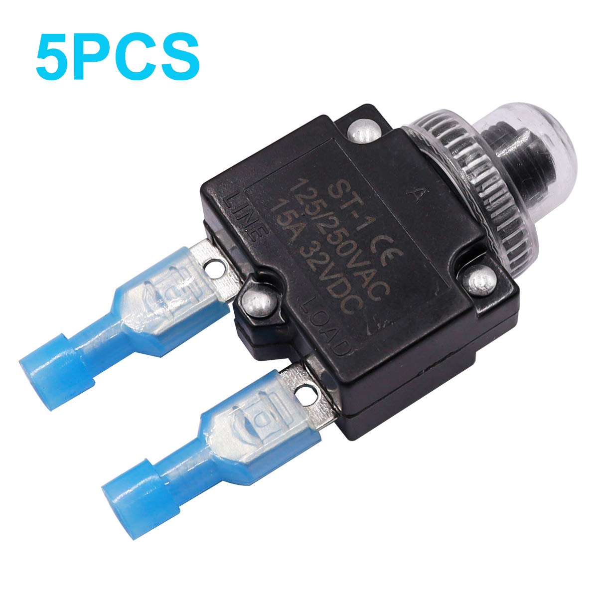 Mxuteuk 5Pcs 15Amp Circuit Breakers Push Button Manual Reset 125/250V Ac 32V Dc,Overload Protector Switch Thermal Circuit Breakers With Quick Connect Terminals And Waterproof Button Caps St1-5-15A