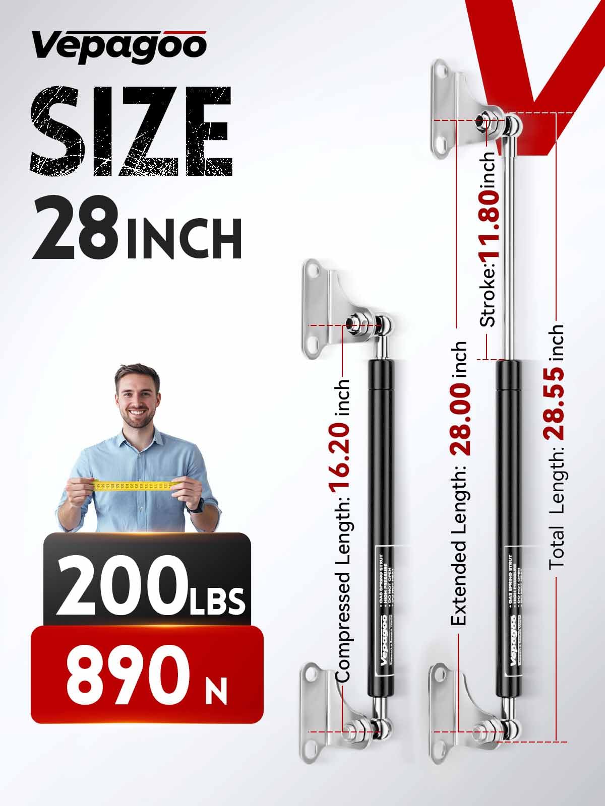Vepagoo 28 Inch Gas Struts, 200Lb/890N Lift Supports with Mounting Brackets, Heavy Duty for RV Bed, Black, Model 71d9e0d1