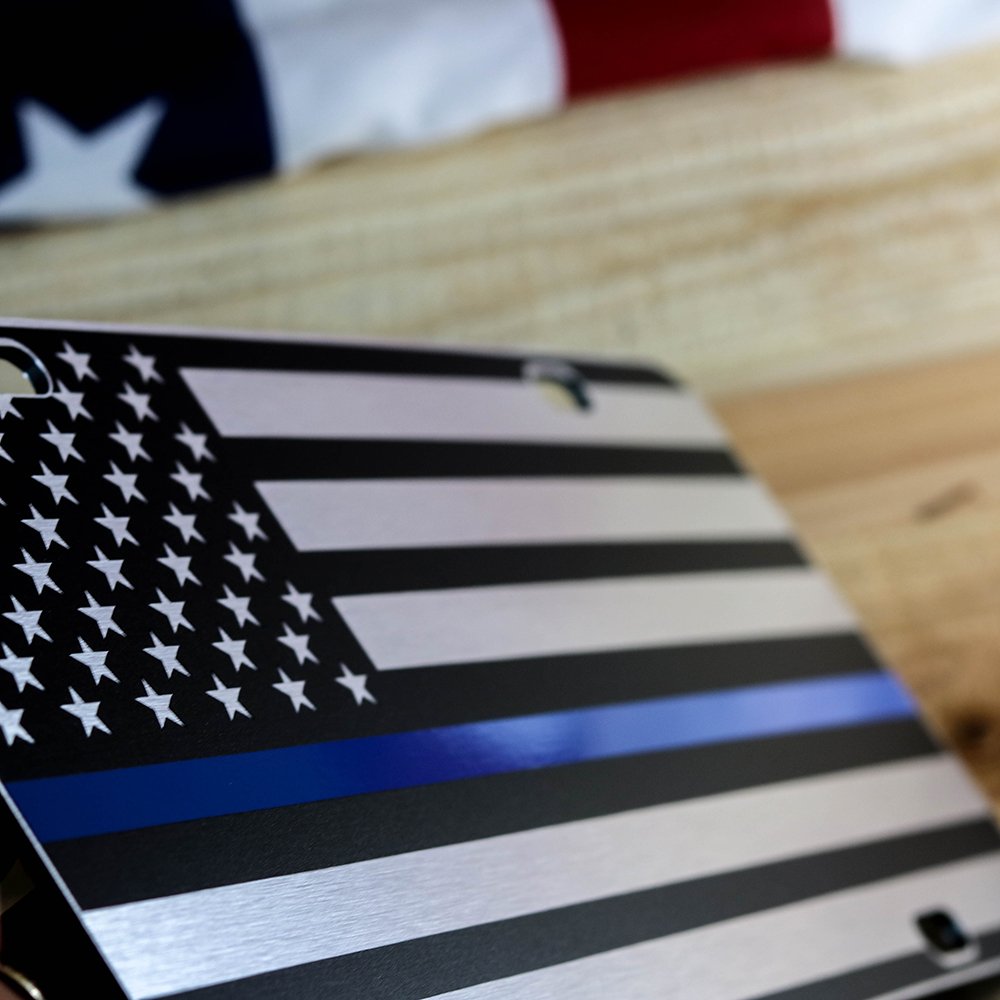 Jass Graphix Thin Blue Line American Flag License Plate Matte Black On 1/8'' Brushed Aluminum Composite Heavy Duty Tactical Patr