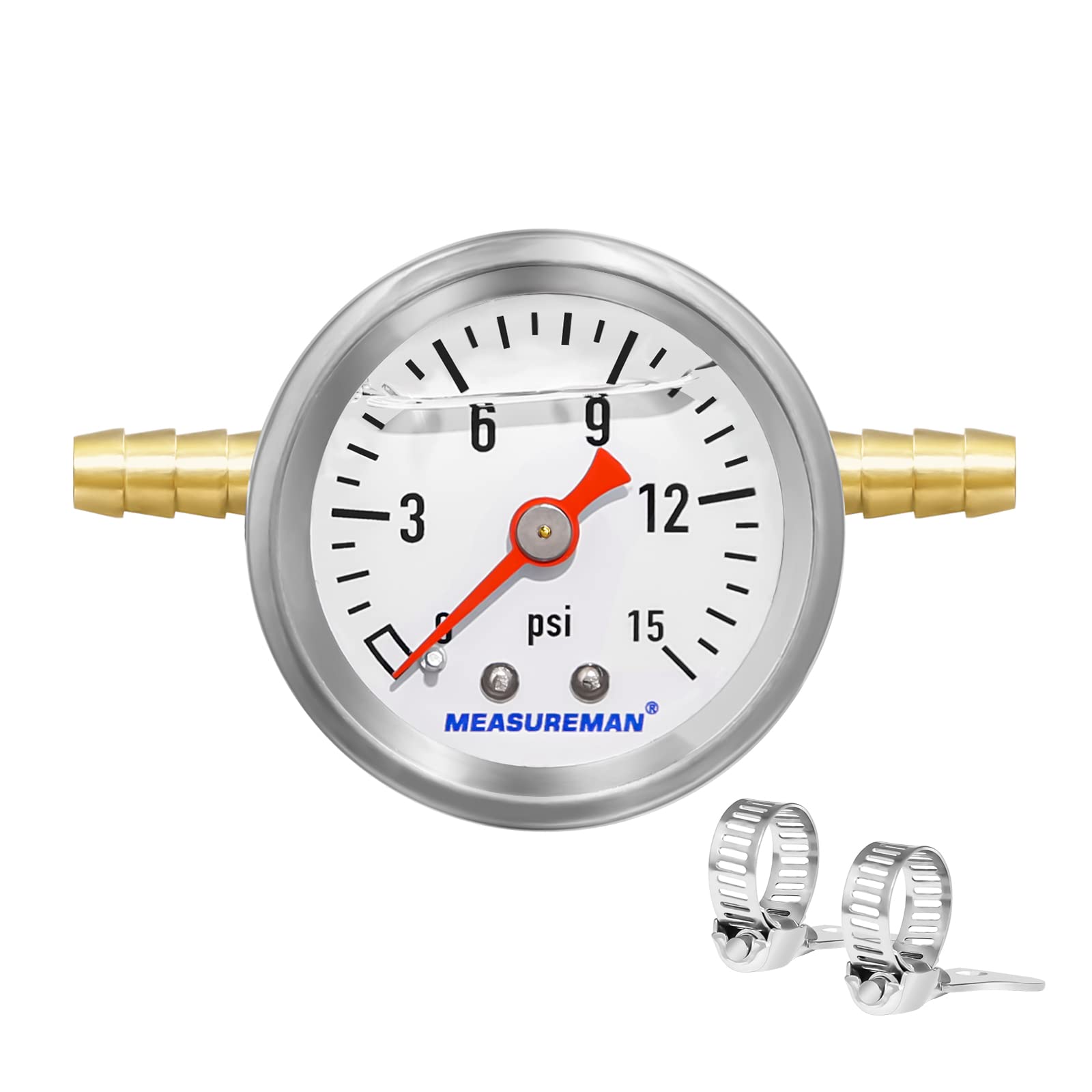 Measureman Fuel Pressure Gauge Kit 0-15Psi Stainless Steel Glycerin Filled, 1-1/2'' Dial Size, With 5/16'' Fuel Line Fuel Pressu