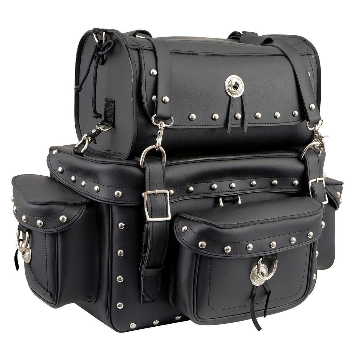 Milwaukee Leather MP8100S Large Black PVC 2-Piece Studded Motorcycle Touring Pack Sissy Bar Bag - One Size