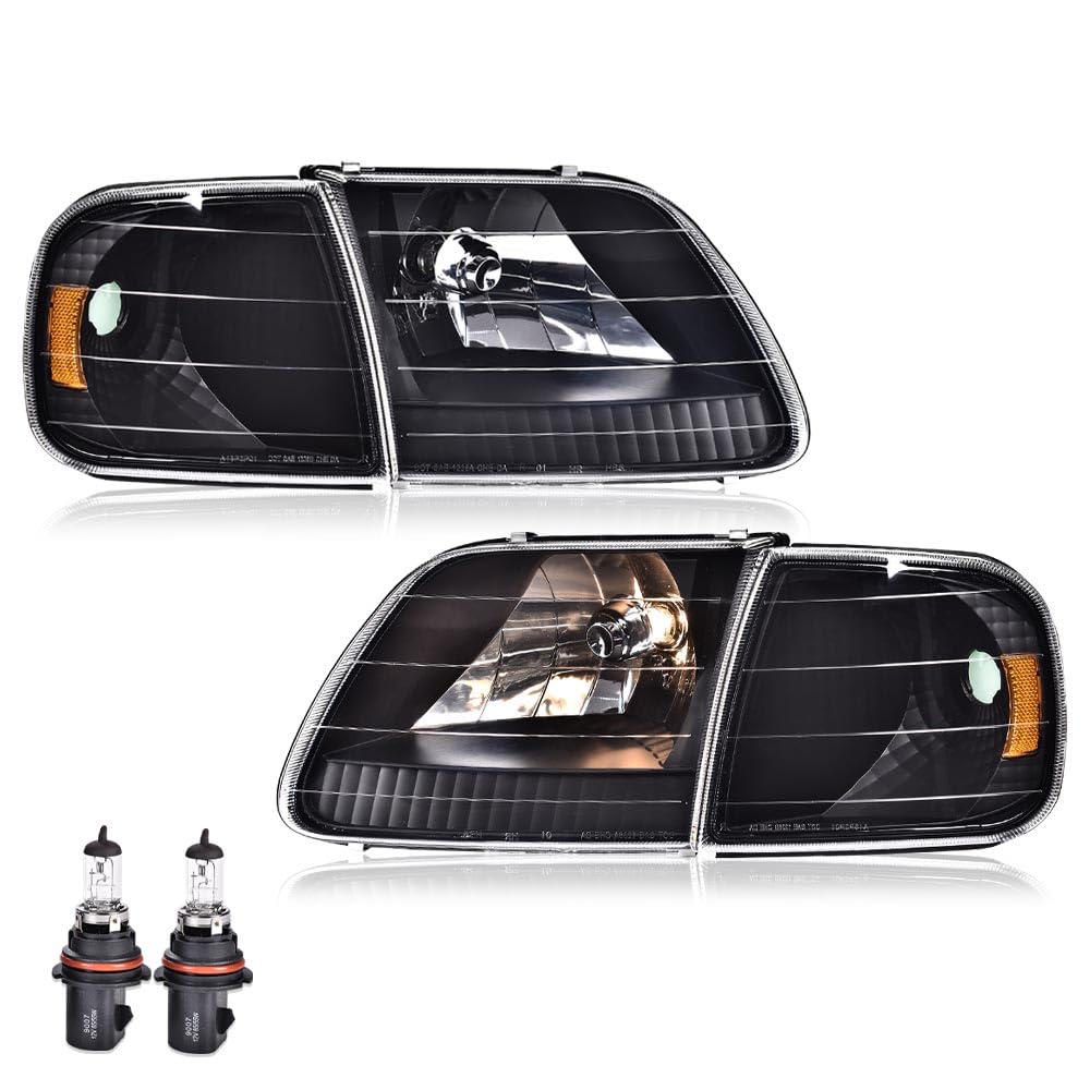CHEDA Headlight Assembly for 1997-2003 Ford F150/1997-2002 Expedition, Clear Lens, Black Housing, Amber Reflector