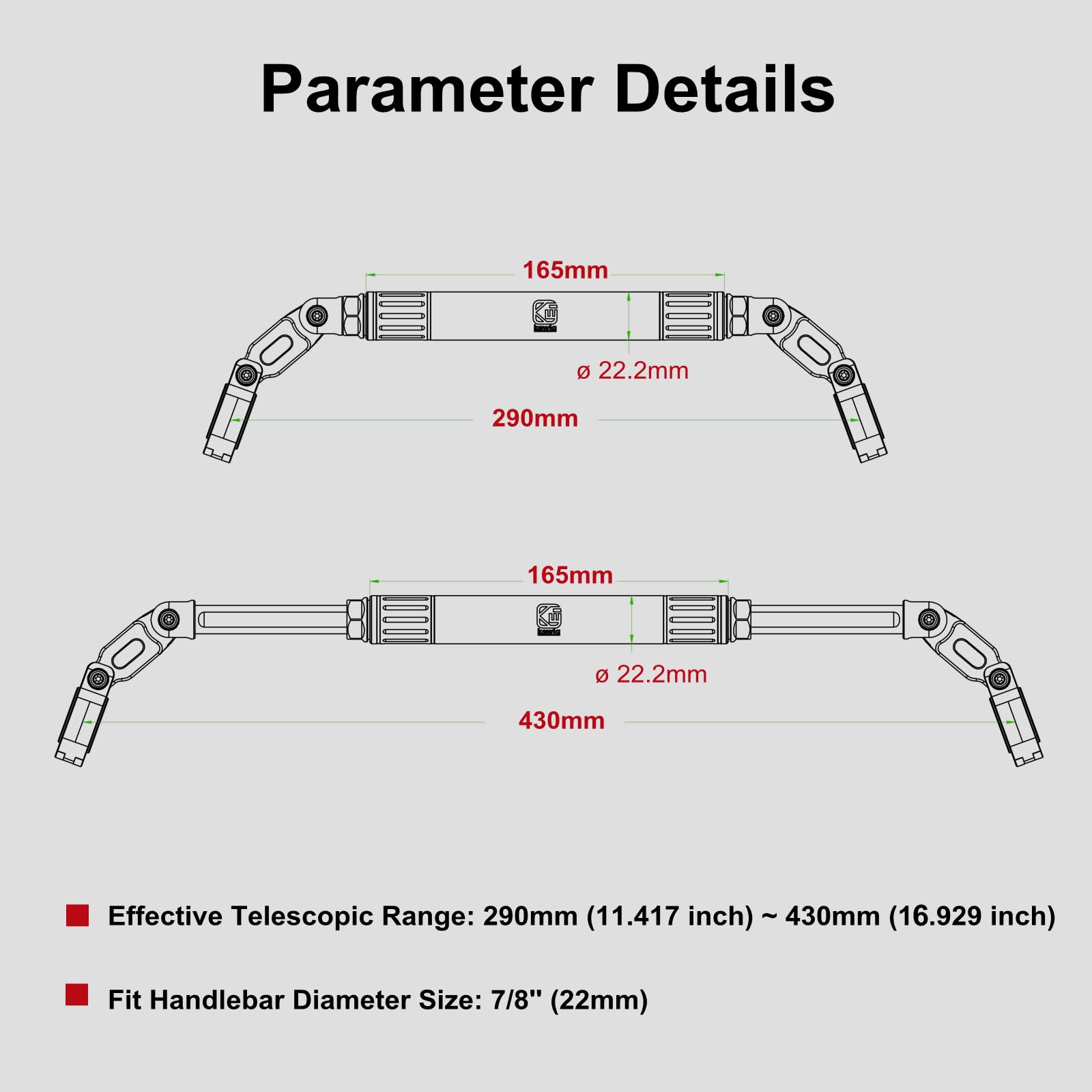 BRCOVAN Aluminum Motorcycle Handlebar Extender, Adjustable Length, Fits 22mm Bars, Black, Model HB4-L