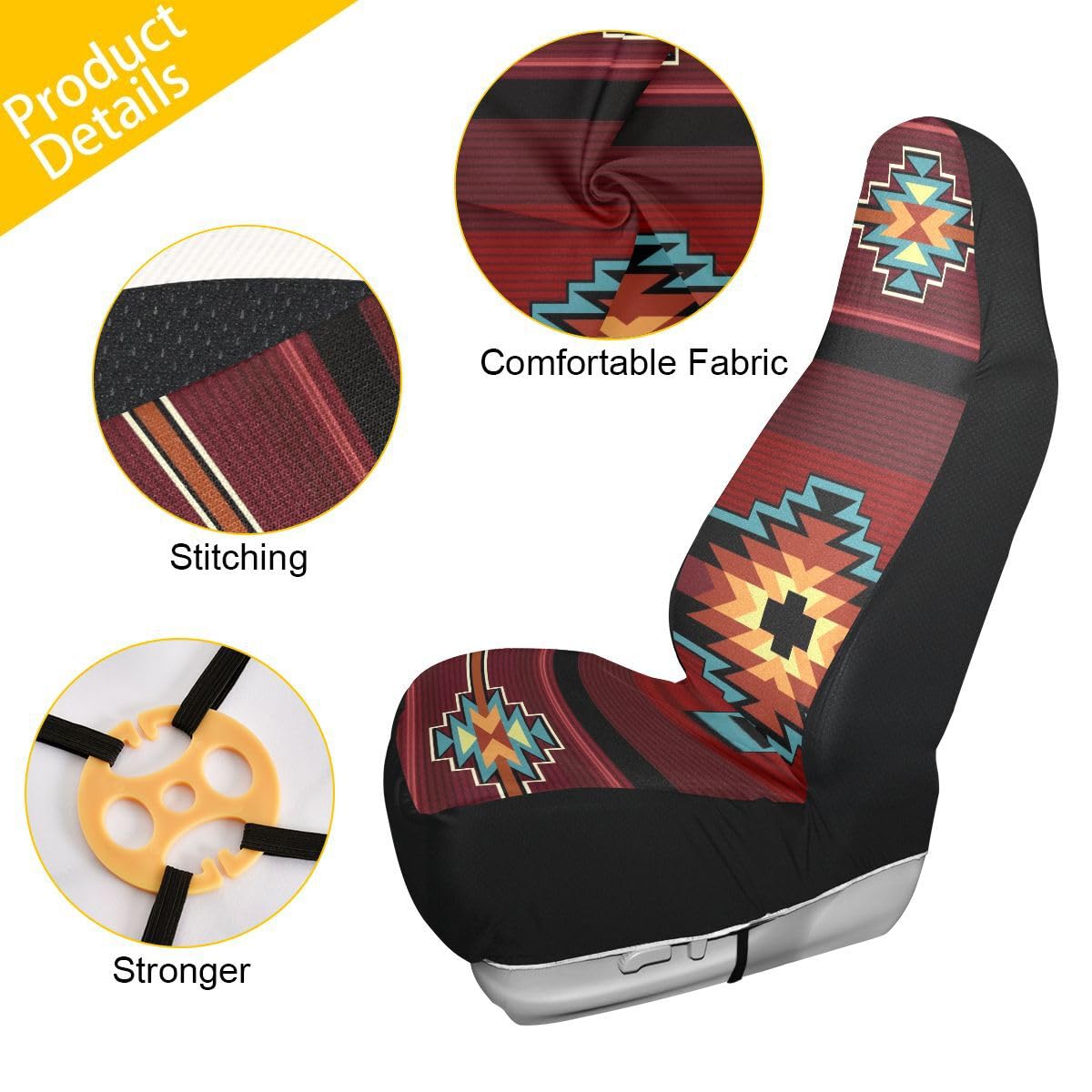 LONSANT Car Seat Covers Set of 2, Teal Red Southwest Aztec Print, Universal Fit, Polyester, 18.8"x51.9", Model QicheCt0722COver