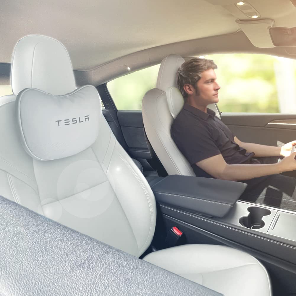Tanola Tesbeauty Tesla Seat Headrest Pillow 2 Packs Tesla Neck Pillow Uniquely Designed For Tesla Model Y/3 Neck Support Cushion Genuine Nappa Leather Invisible Strap White