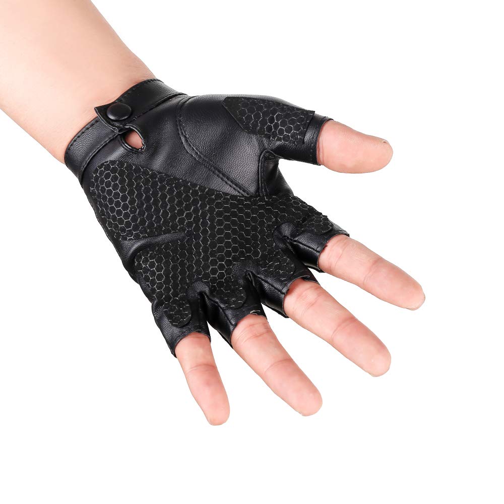 Jisen Men Pu Leather Punk Half Finger Snap Performance Gloves Black1