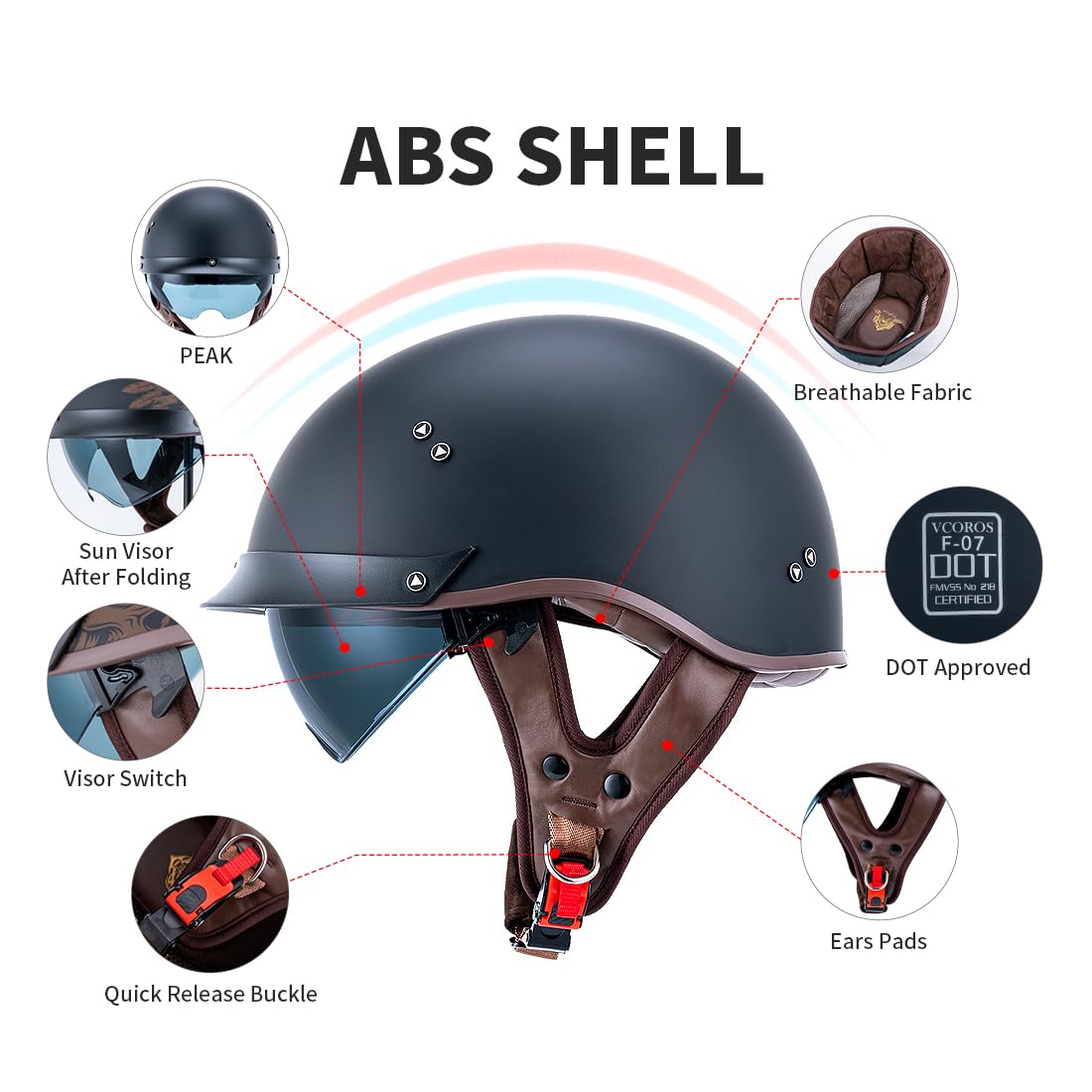 Vcoros Motorcycle Half Face Helmet Sun Visor Quick Release Buckle Dot Approved Men Women Helmets For Cruiser Chopper Moped Scoot