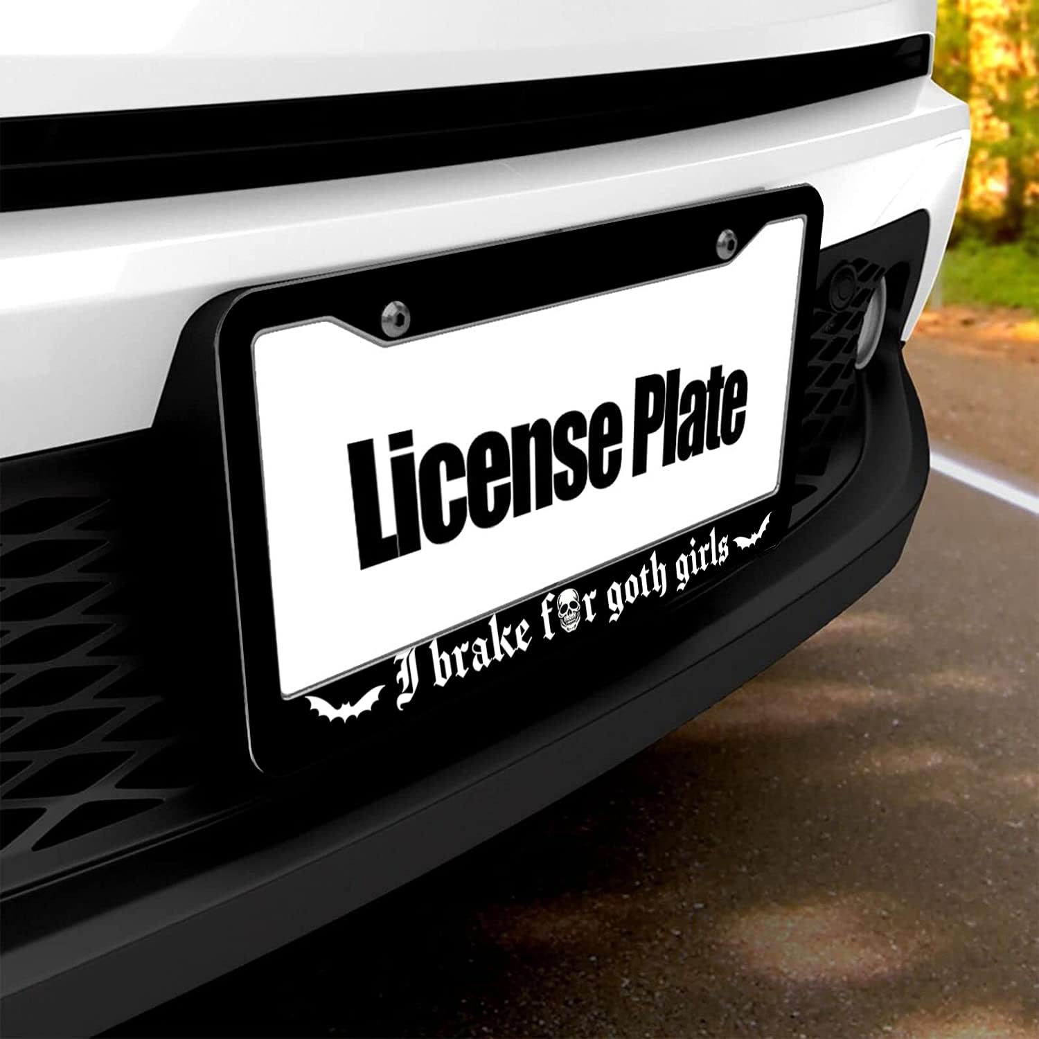 I Brake For Goth Girls License Plate Frame Skull Gothic Car Accessories Goth License Plate Holders Auto Tag Cover 2 Holes Screws