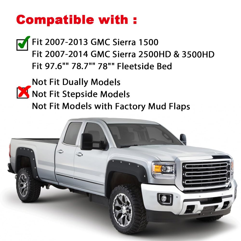 G-PLUS Pocket Riveted Fender Flares Compatible with GMC Sierra 1500 2007 2008 2009 2010 2011 2012 2013, Textured Black Wheel Cov