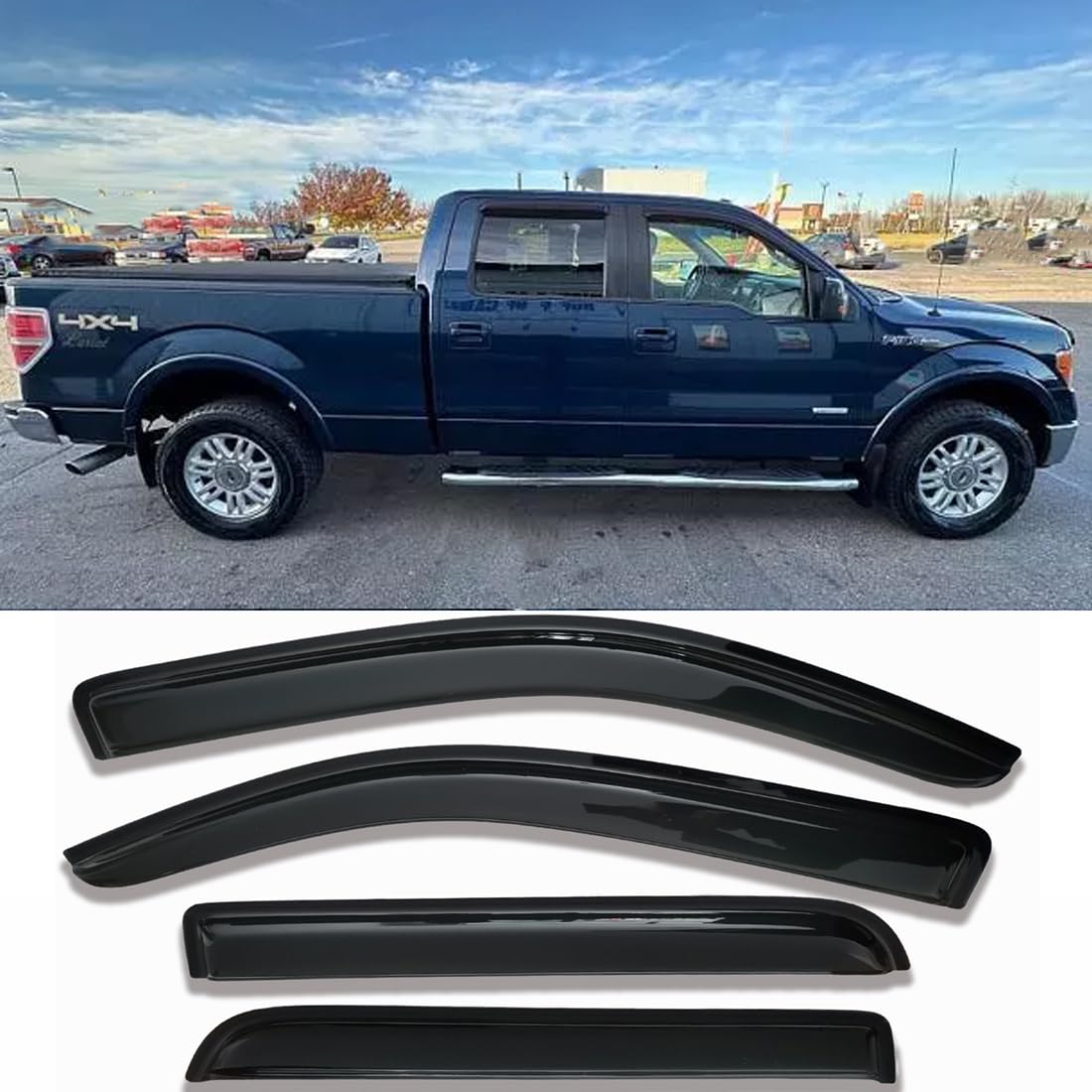 Side Car Window Visors Rain Guards Vent Deflectors Fit 09-14 Ford F150 Crew Cab,2010-2014 Ford F-150 Svt Raptor Supercrew 94155