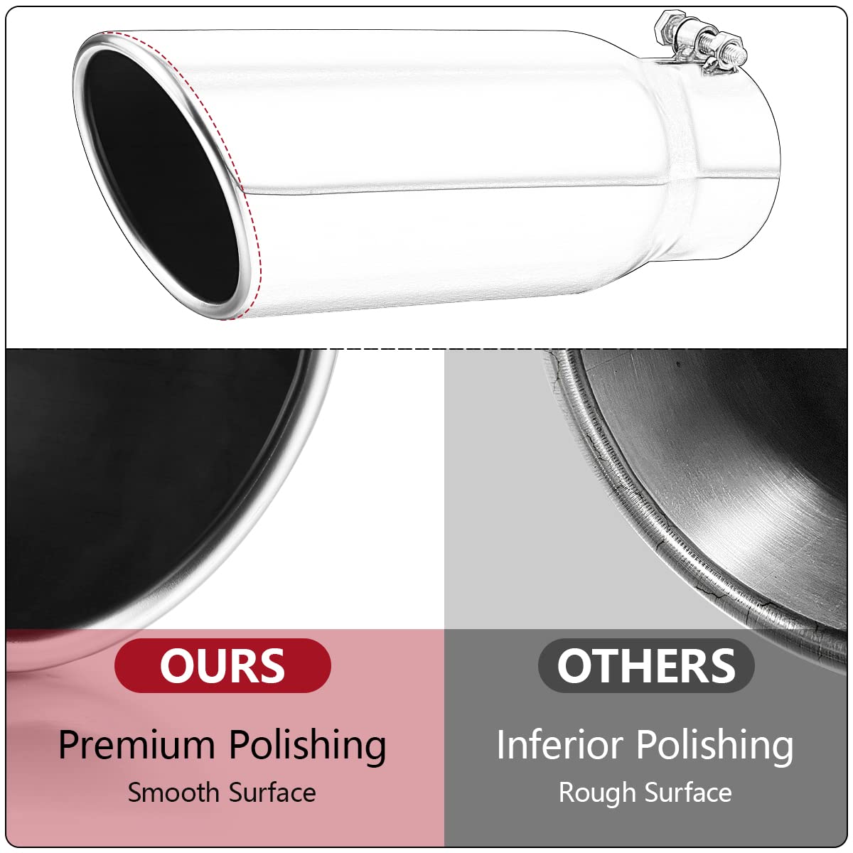 4 Inlet Diesle Exhaust Tip , 6 Outlet, 12 Long Truck Tailtip, Rolled Angel Design, Polished Finished