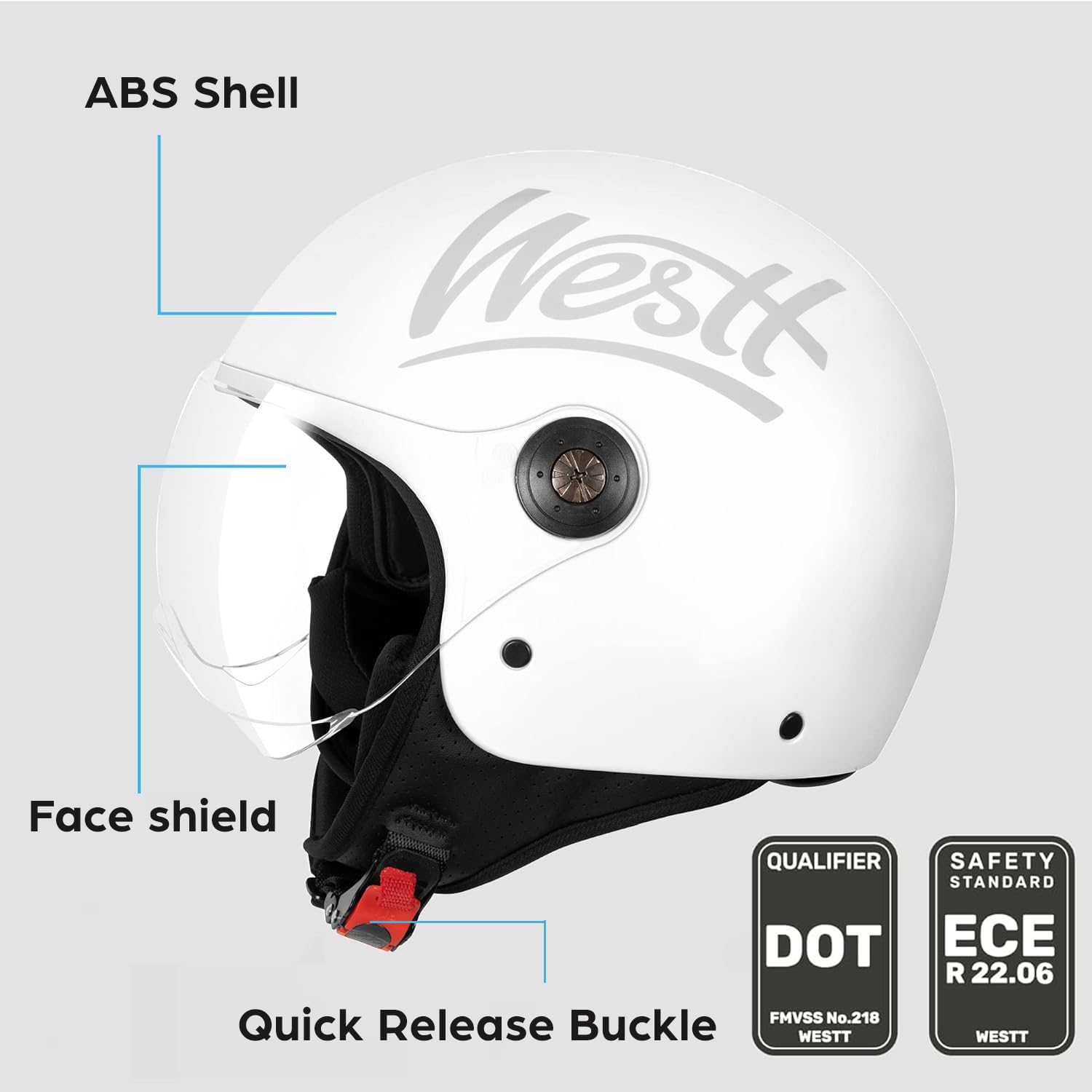 Westt Open Face Motorcycle Helmet, DOT Approved, XL, White, Retro Design, ABS Material, Quick Release Visor