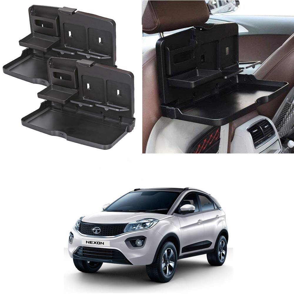Oshotto (FT02) Car Backseat Food Travel Dining Meal & Snaks Tray & Cup Holder Compatible with Tata Nexon (Black)  Set of 2