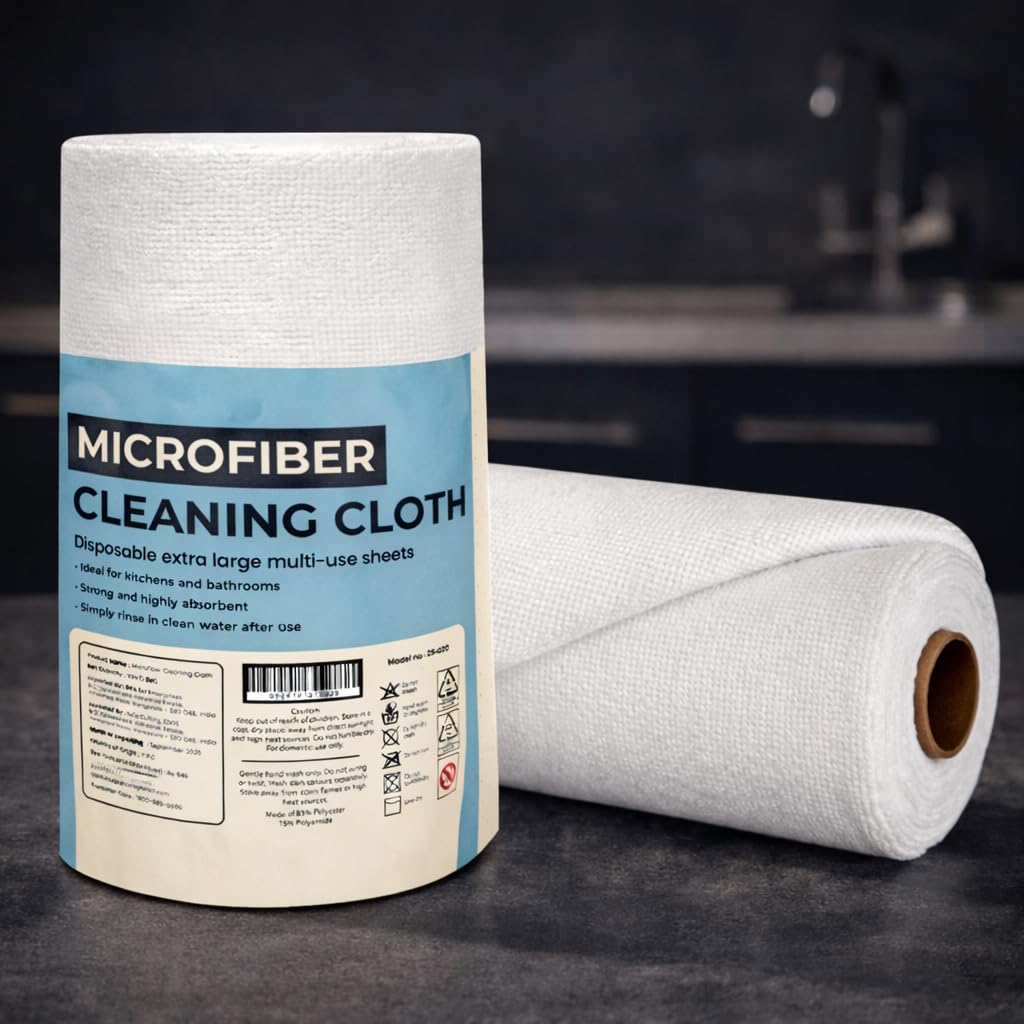 SIMPARTE 180 GSM  30 Sheets  Reusable Microfiber Cleaning Cloth Roll | TearAway Washable Sheets | Highly Absorbent, LintFree