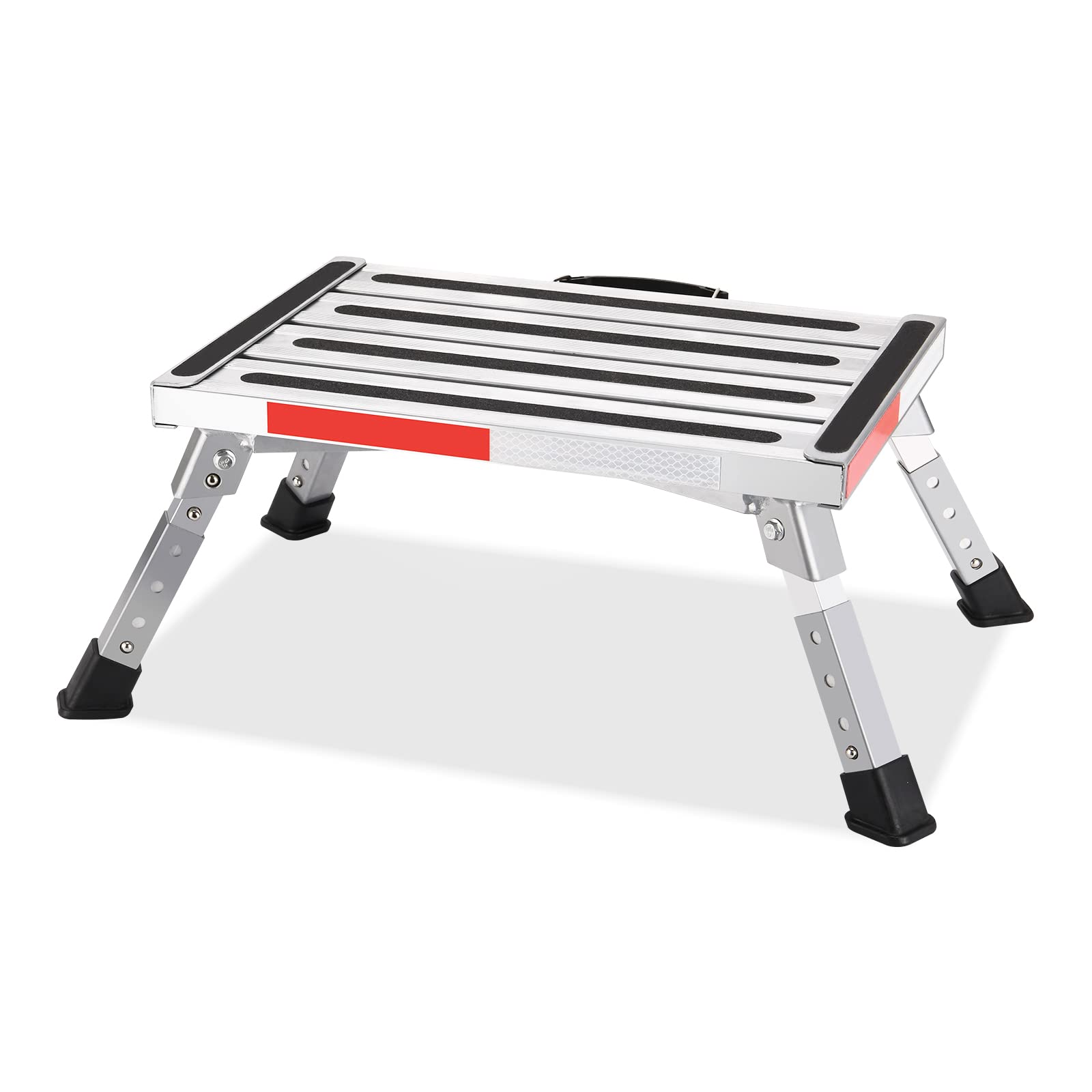 Safety Rv Steps, Yagud Height Adjustable Folding Platform Step With 17 X 12 Anti-Slip Surface, Rubber Feet, Handle, Reflective Strips, And T Level, Aluminum Rv Step Stool Supports Up To 1000Lbs