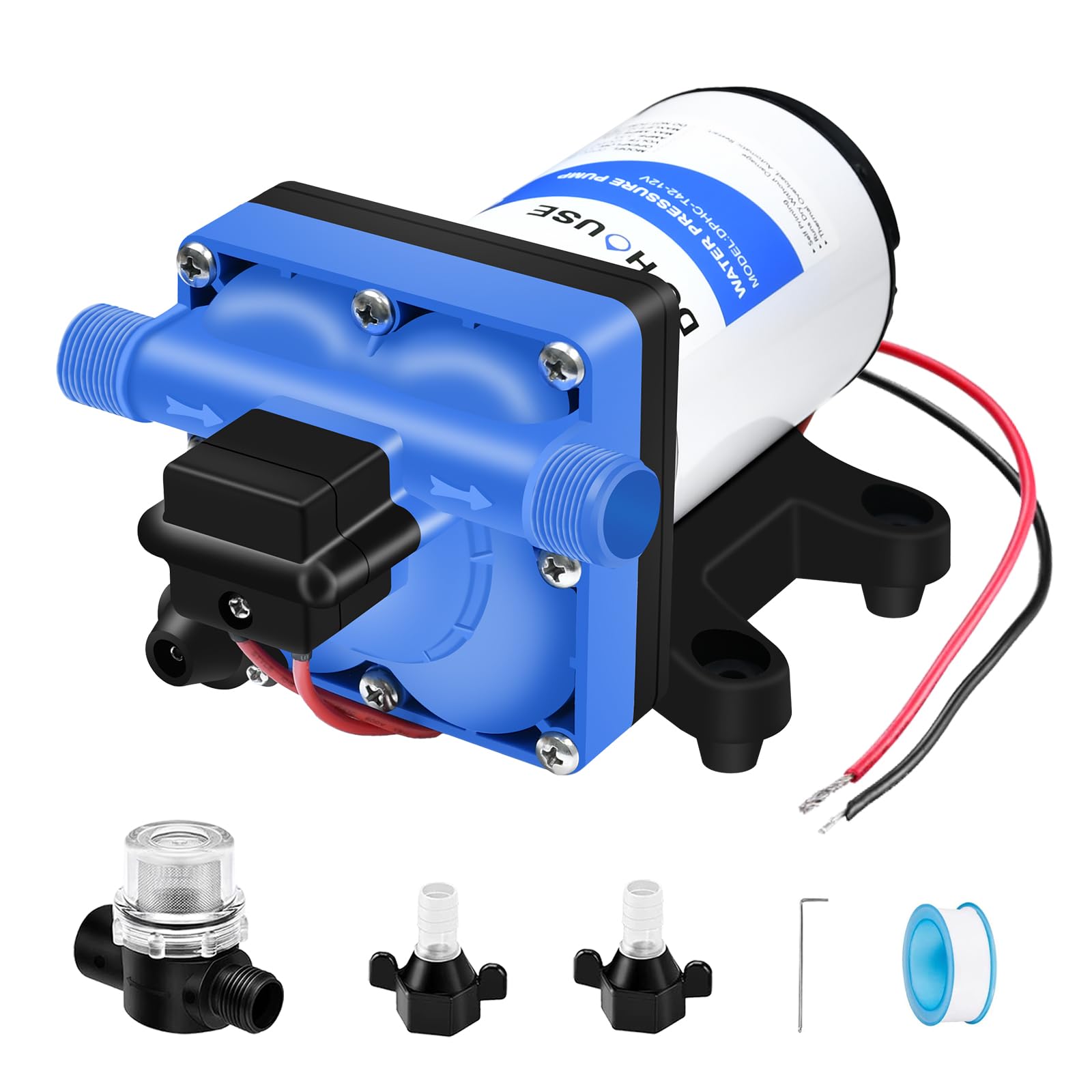 DC HOUSE 42 Series RV Water Pump Replacement Quiet 12V 3.5GPM 55PSI, 12 Volt Water Diaphragm Pressure Pump Self Priming with Byp