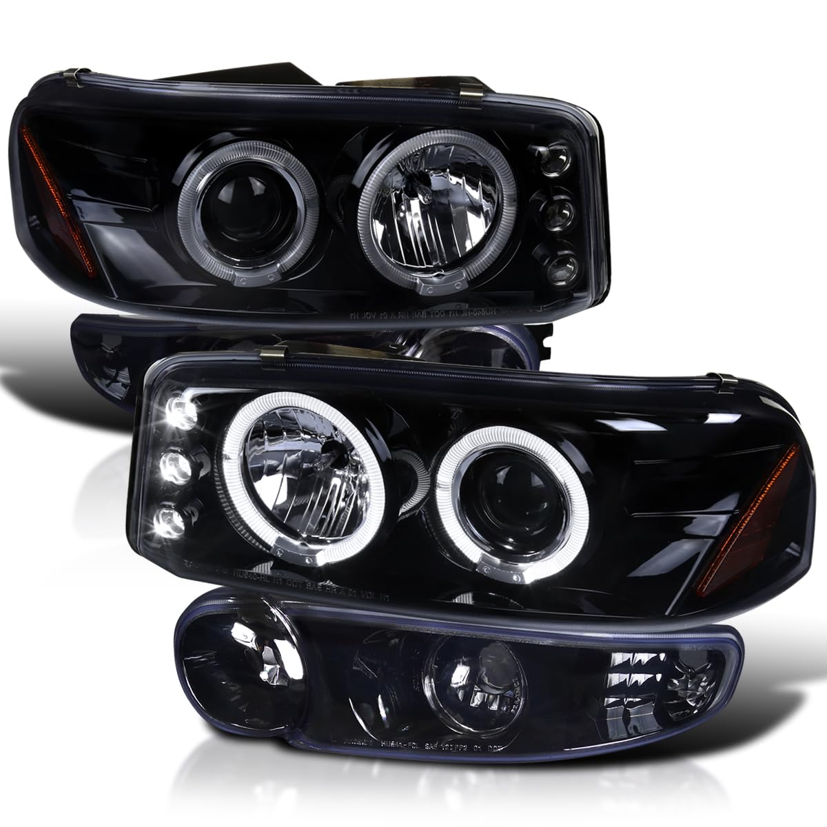 Spec-D Tuning Glossy Black Housing Light Smoke Lens LED Halo Projector Headlights + Bumper Lights Compatible with 2001-2006 GMC 