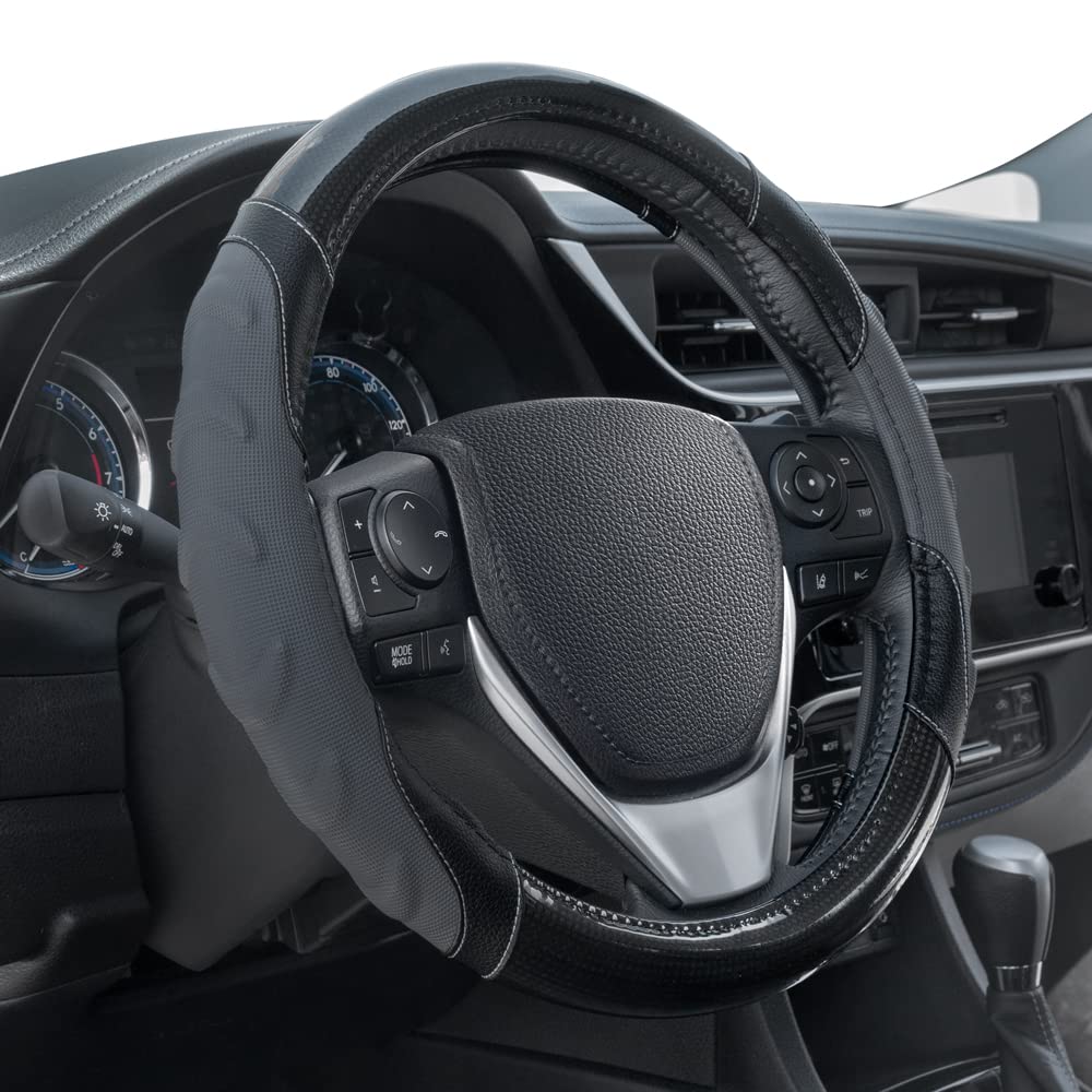 Motor Trend Gripplus Black Carbon Fiber Steering Wheel Cover, Standard 15 Inch Size, Advanced Traction Grip, Car Steering Wheel 