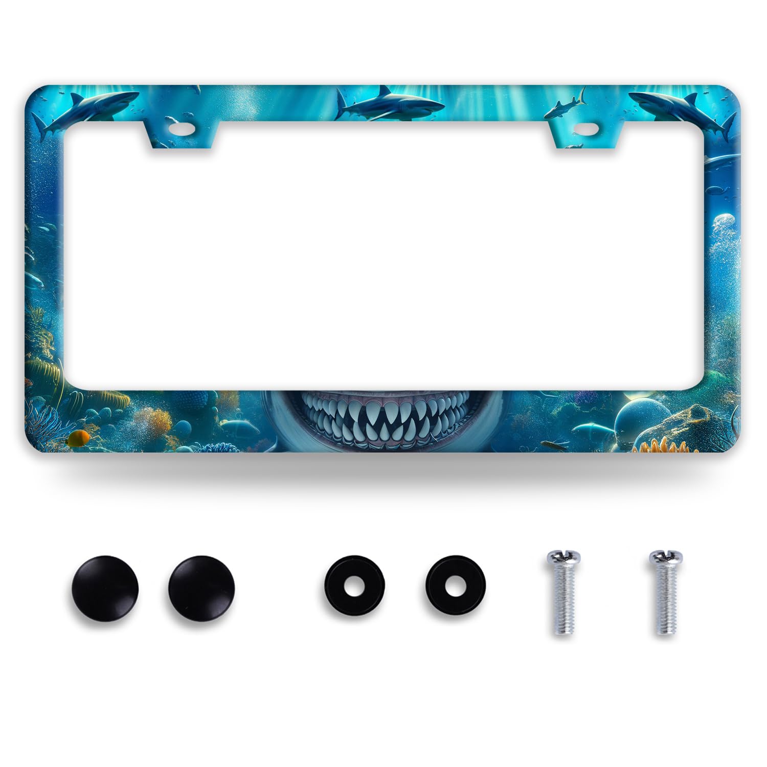 Shark License Plate Frame Ocean Marine Fish License Plate Holder Funny Stainless Steel Accessories Cars Decor with 2 Holes and S