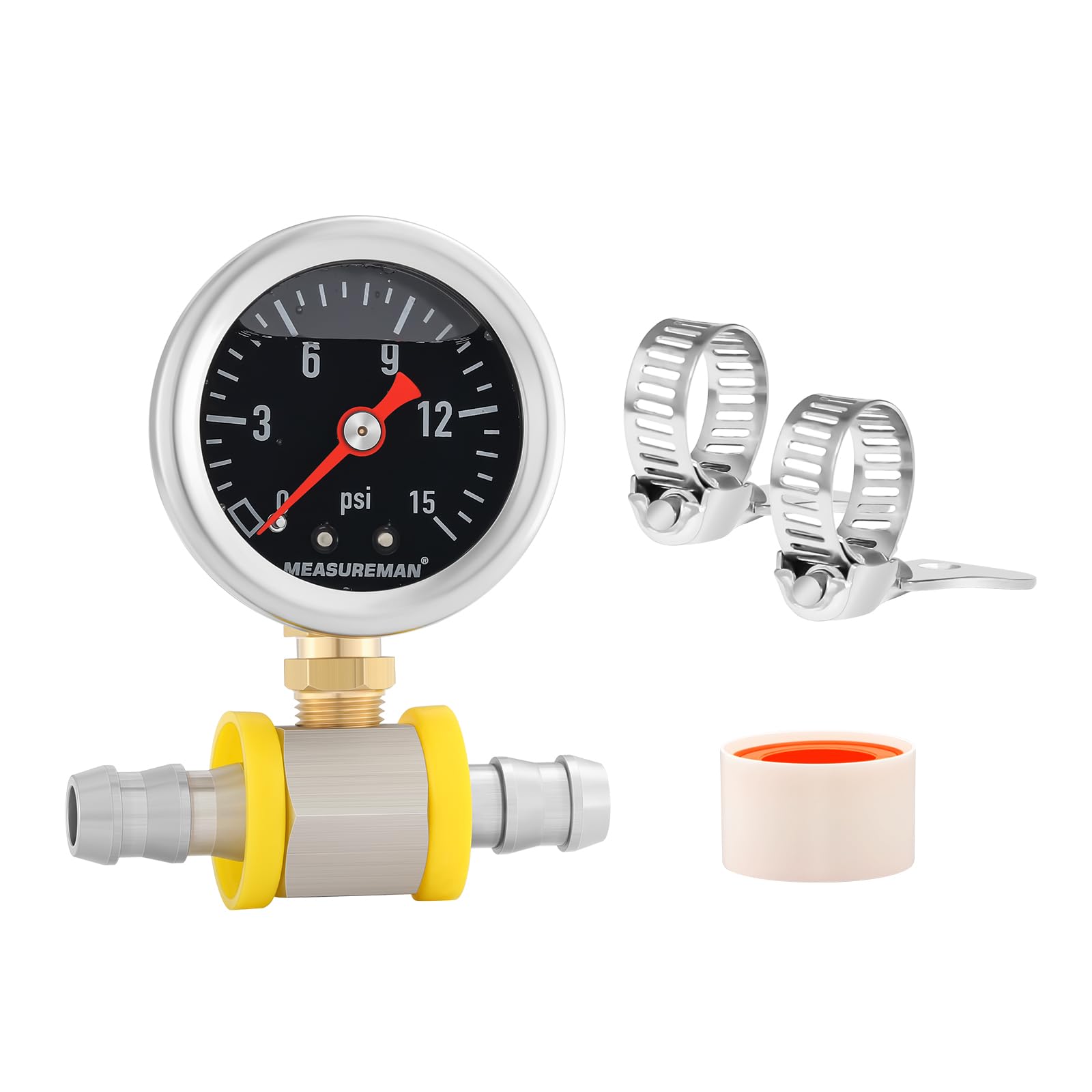 Measureman 0-15 Psi Glycerin Filled Fuel Pressure Gauge, 1.5    Dial, 304 Stainless Steel Case, 1/8    Npt Lower Mount, With 3/8