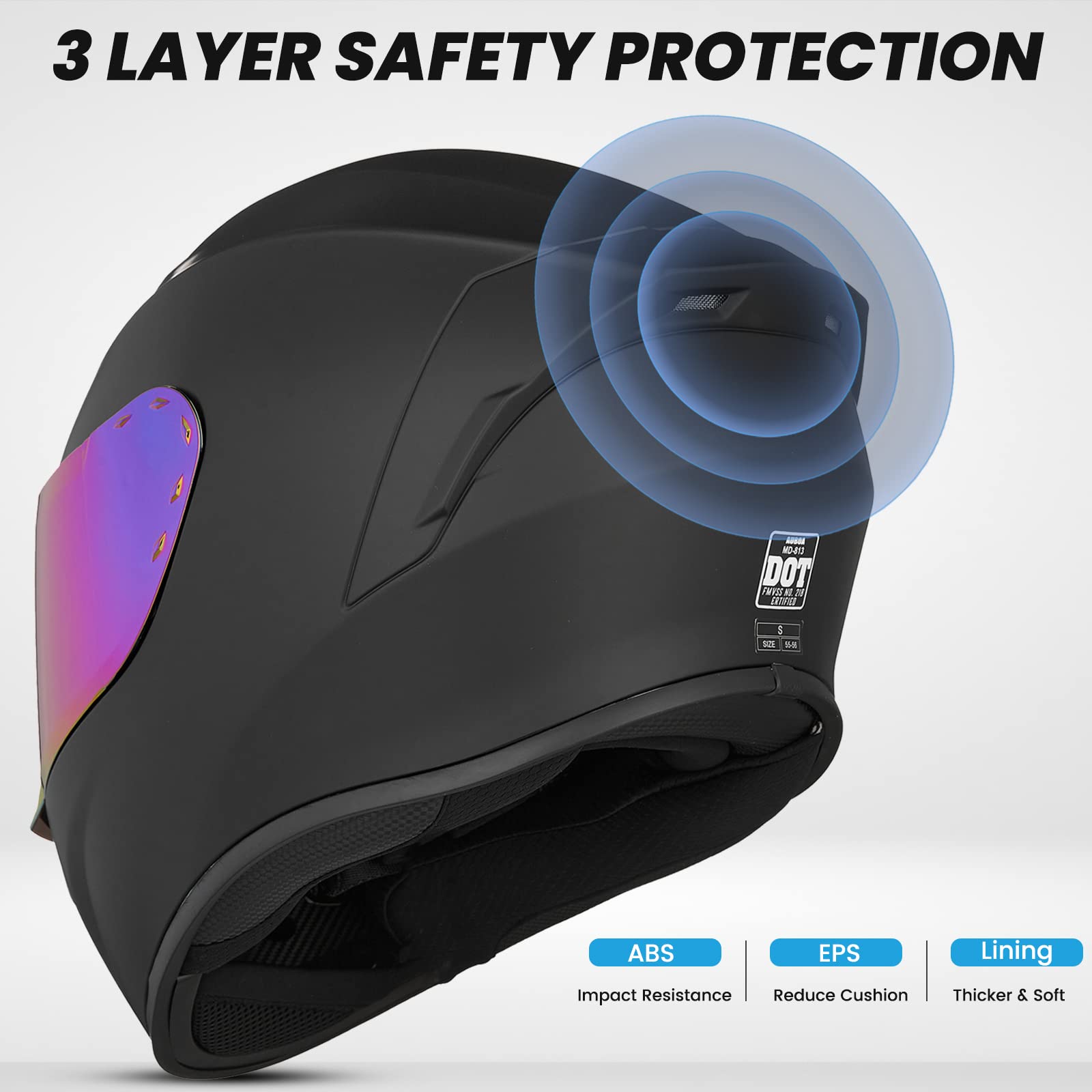 Auboa MD-813 Full Face Motorcycle Helmet for Men & Women, DOT Approved, Large, Matte Black, ABS Material, Tinted Visor