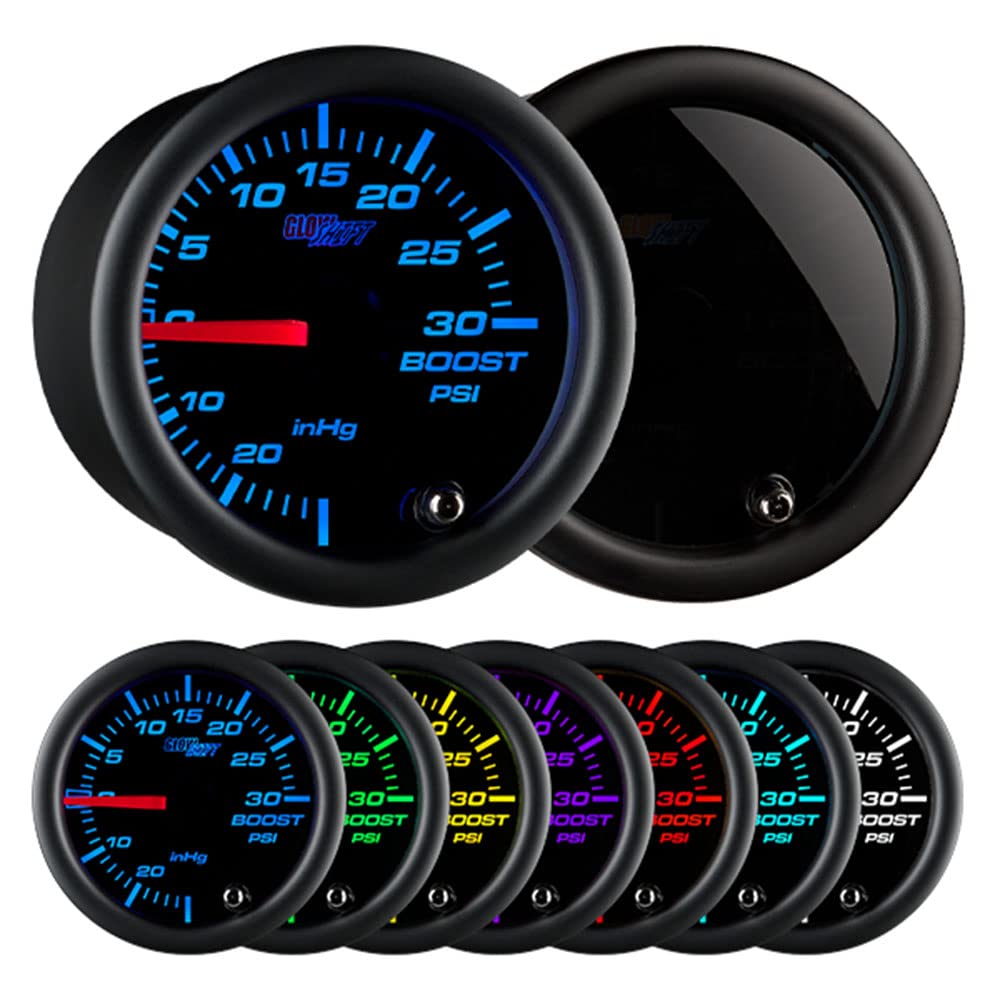 Glowshift Tinted 7 Color 30 Psi Turbo Boost/Vacuum Gauge Kit - Includes Mechanical Hose & T-Fitting - Black Dial - Smoked Lens -