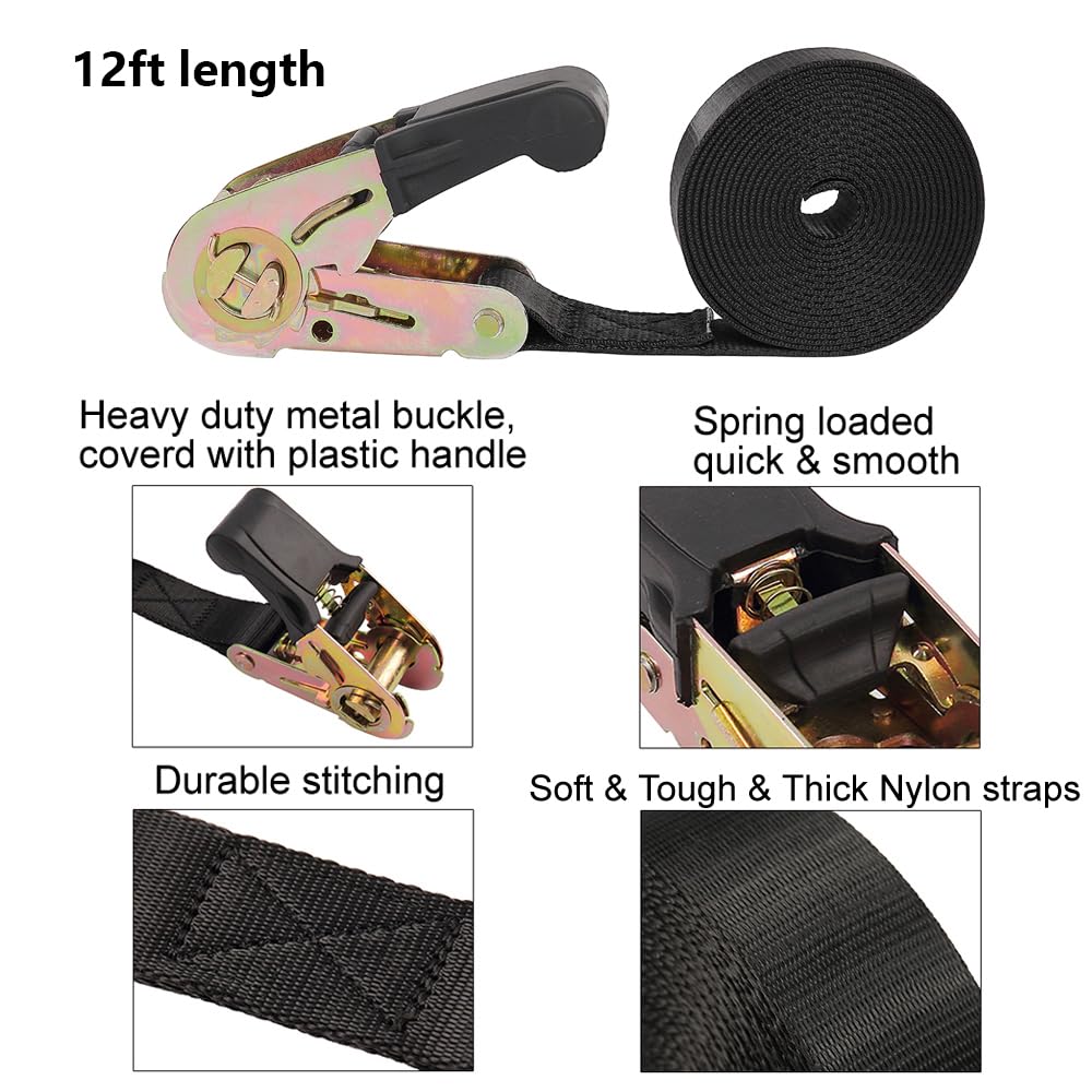 Endless Ratchet Tie Down Straps Heavy Duty Cargo Tie Downs, Sturdy Nylon Black Strap Down Ratcheting Securing Straps, Track Spri