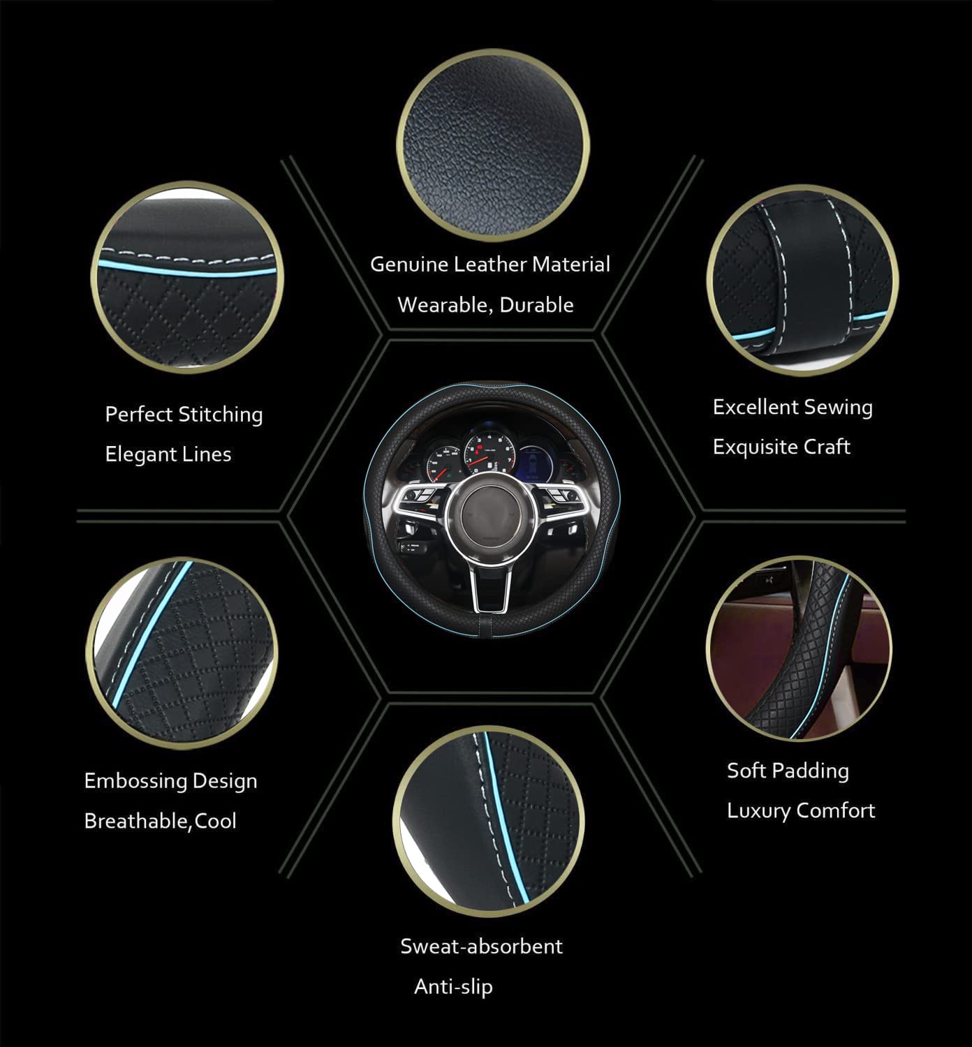 Car Steering Wheel Cover,Anti-Slip, Safety, Soft, Breathable,Heavy Duty, Thick,Full Surround,Sports Style (Black With Light Blue