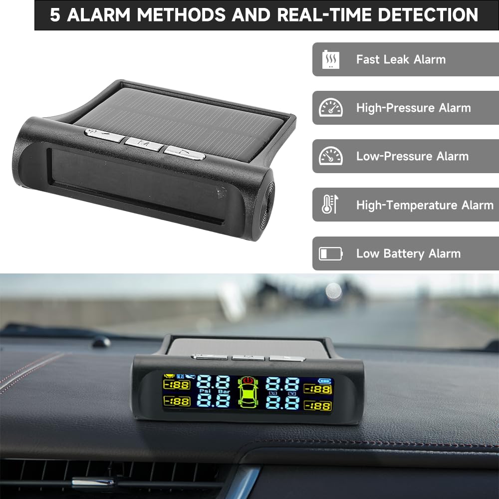 Tire Pressure Monitoring System Wireless Solar Power and USB Charger Monitor, Colorful LCD Display, TPMS with 4 Sensors & 5 Alar