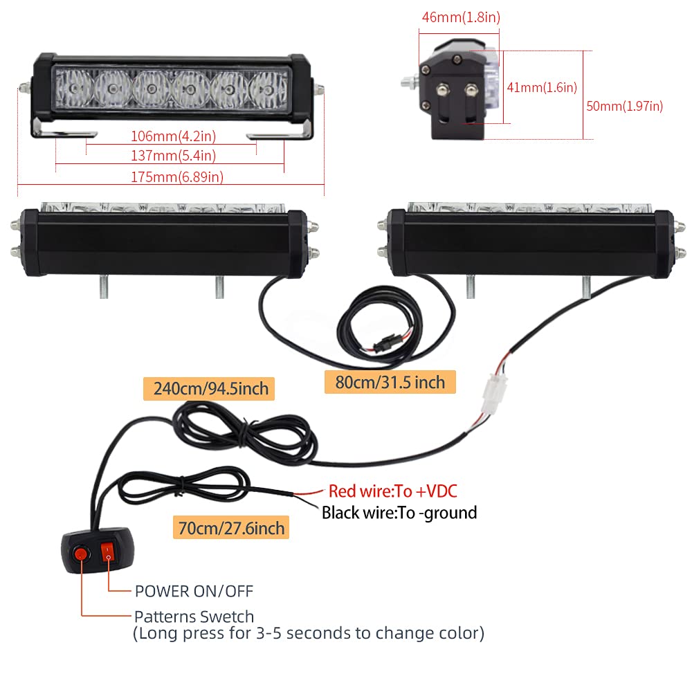 STDYSUN LED Emergency Strobe Lights Bar, 2Pcs Red Blue Green, Model 2X6LED-BS, Aluminum Surface Mount for Motorcycle & Utility Vehicles