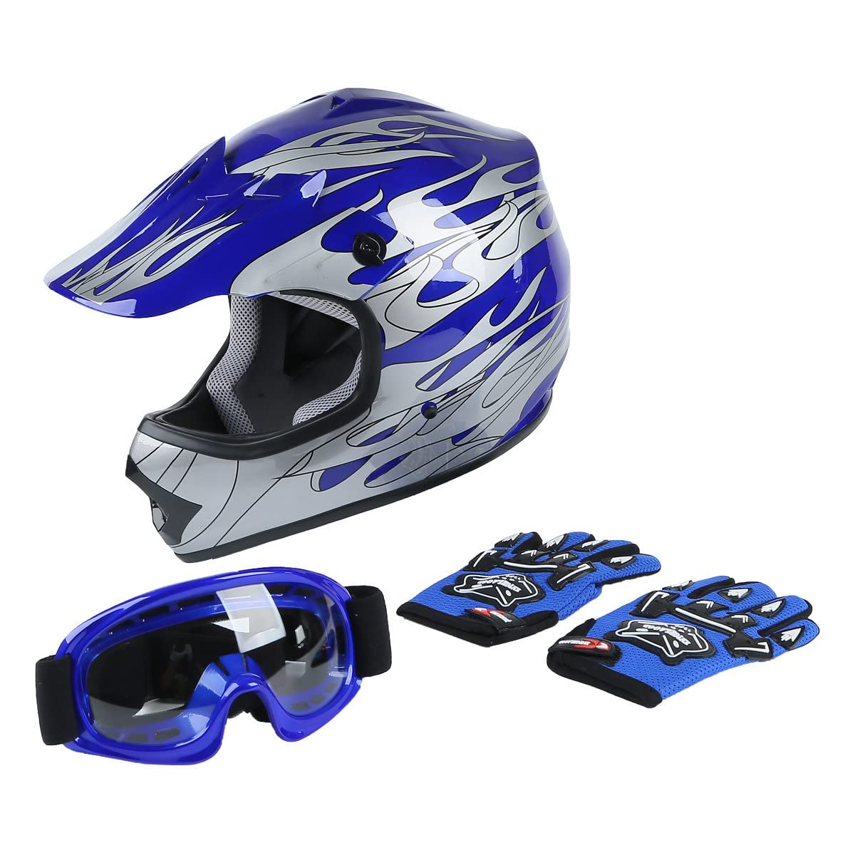 Xfmt Youth Kids Motocross Offroad Street Dirt Bike Helmet Goggles Gloves Atv Mx Helmet Blue Flame L